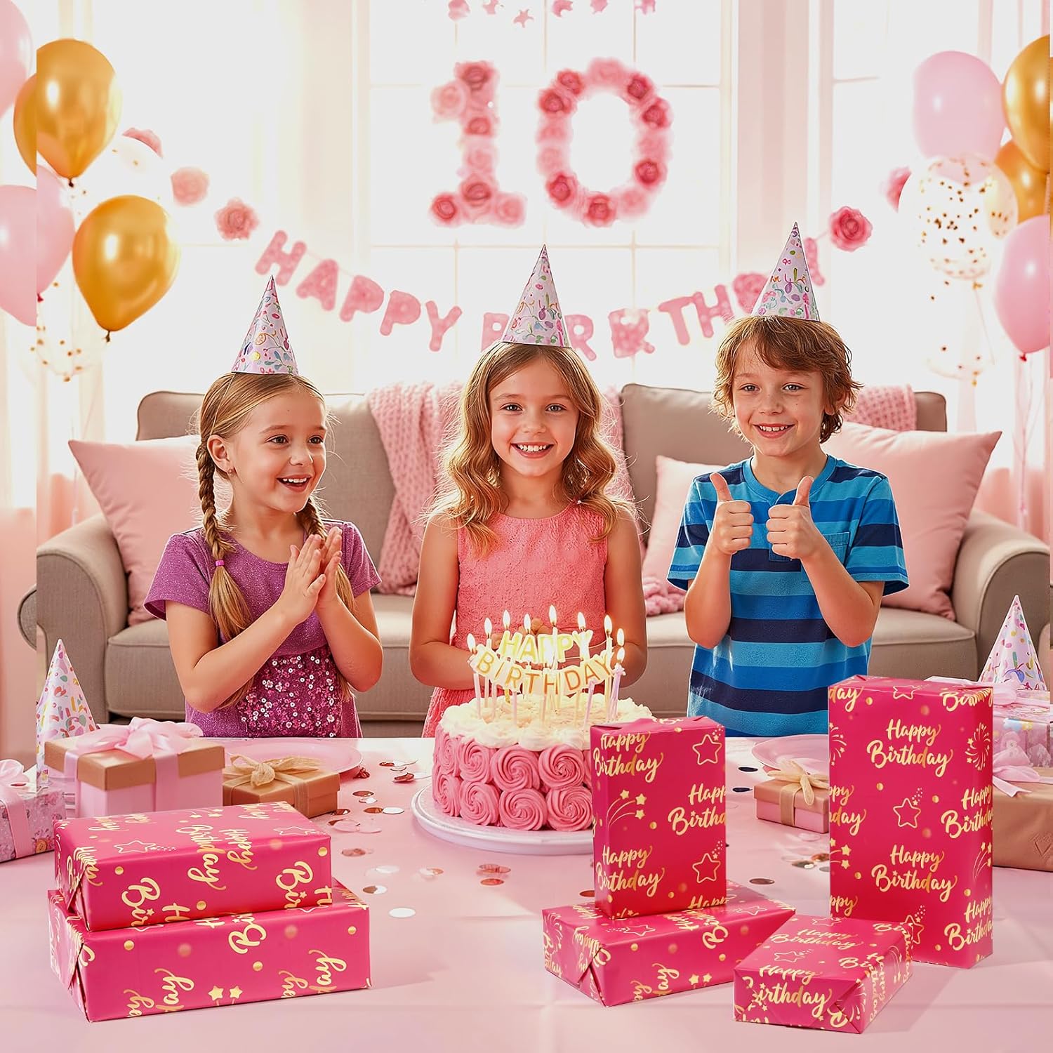 Pink Gold Birthday Wrapping Paper Roll For Girls Women, Pink And Gold Gift Wrap Paper, Gold Star And Dot Design Gift Packing Paper Art Paper For Birthday Baby Shower Party, 17Inch X 16.5Feet