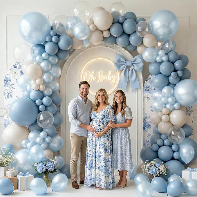 12 Inch Dusty Blue Double Stuffed Balloons Pearl Light Blue Sand and White Party Pack