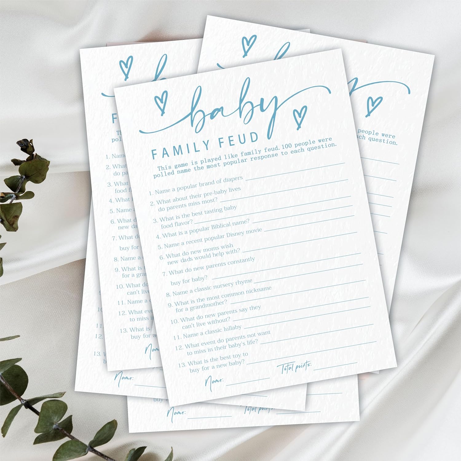 Baby Family Feud Game Set For Baby Shower - Minimalism White & Blue - 30 Double-Sided Fill In Style Game Cards With Answer Cards, Gender Reveal, Announcement, Party Favor & Supplies - A04