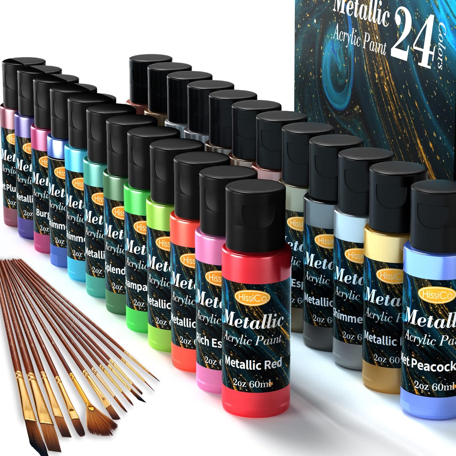 Metallic Acrylic Paint Set Of Premium 24 Colors With 12 Brushes?Professional Grade Metallic Paints With Bottles (2Fl Oz 60Ml), Rich Pigments Of Non Fading And Toxic Paints For Artist Hobby Painters