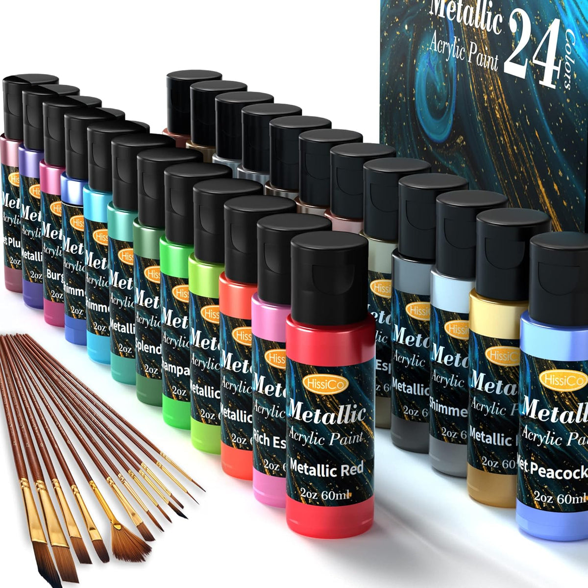 Metallic Acrylic Paint Set Of Premium 24 Colors With 12 Brushes?Professional Grade Metallic Paints With Bottles (2Fl Oz 60Ml), Rich Pigments Of Non Fading And Toxic Paints For Artist Hobby Painters