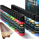 Metallic Acrylic Paint Set Of Premium 24 Colors With 12 Brushes?Professional Grade Metallic Paints With Bottles (2Fl Oz 60Ml), Rich Pigments Of Non Fading And Toxic Paints For Artist Hobby Painters