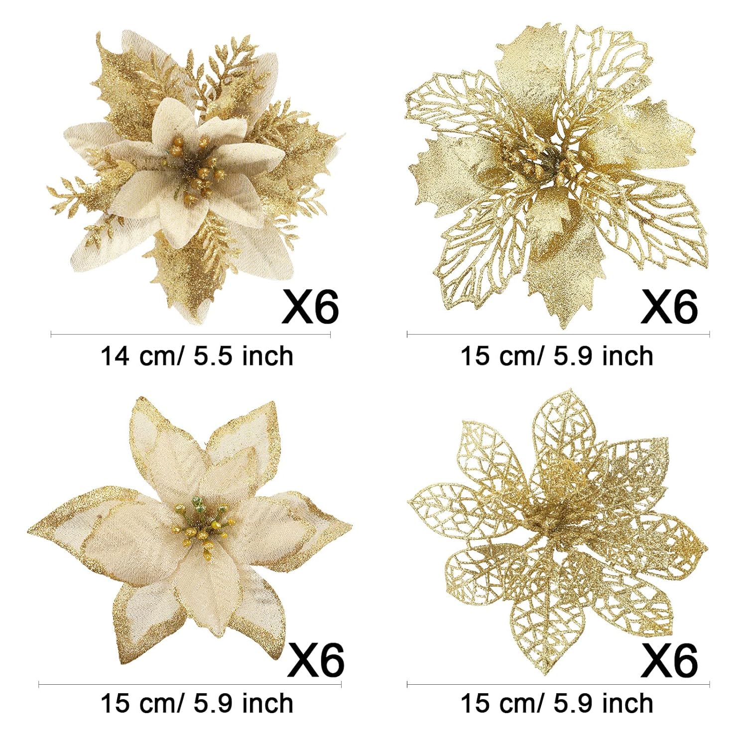 24Pcs Christmas Poinsettia Tree Decoration Glitter Gold Artificial Flowers With 24Pcs Clips Xmas Tree Flowers Ornaments Wreath Decor For Holiday Party New Year Home Outdoor Porch Garden