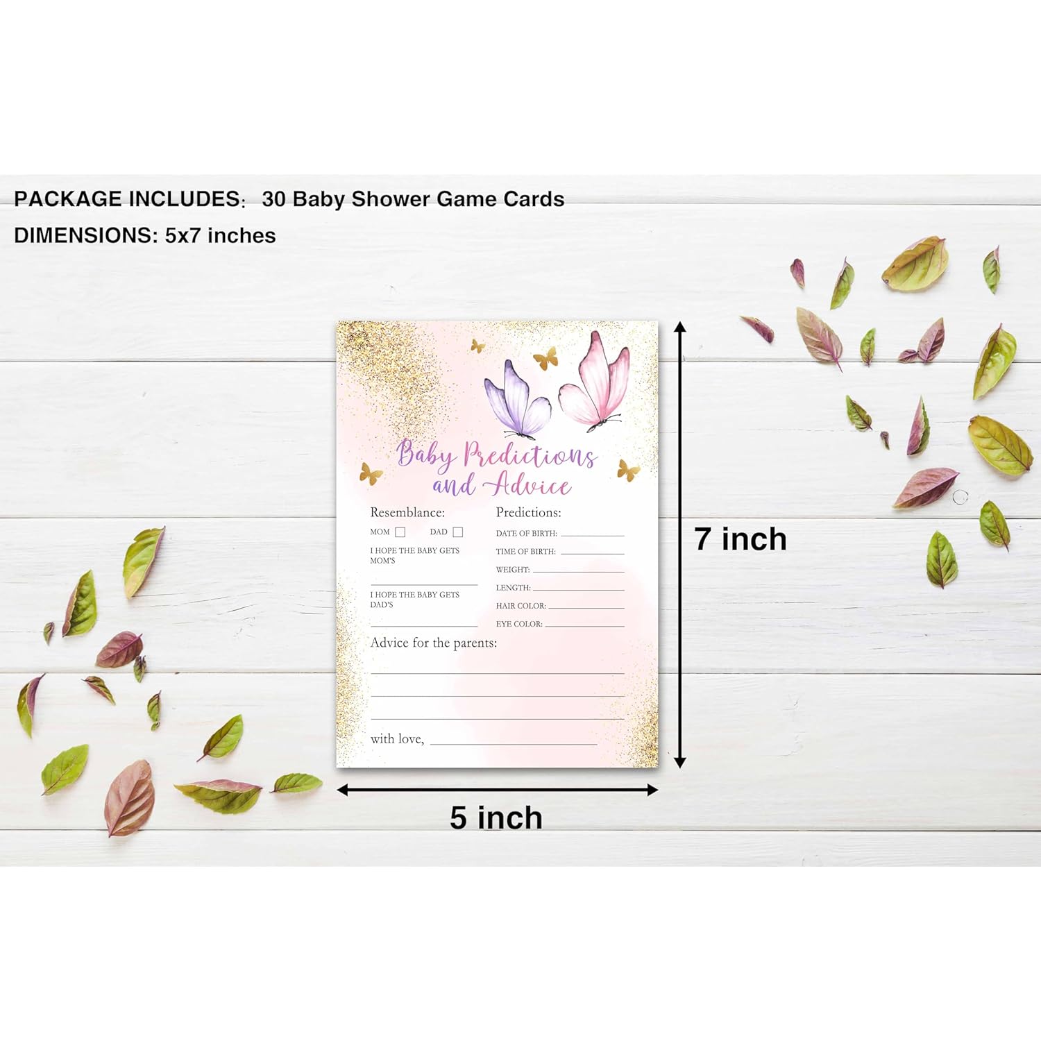 Butterfly Baby Shower Games For Girls, Gold Butterfly Baby Predictions And Advice Cards, Blush Pink Decorations, 5" X 7" Double-Sided Cards (30 Games)