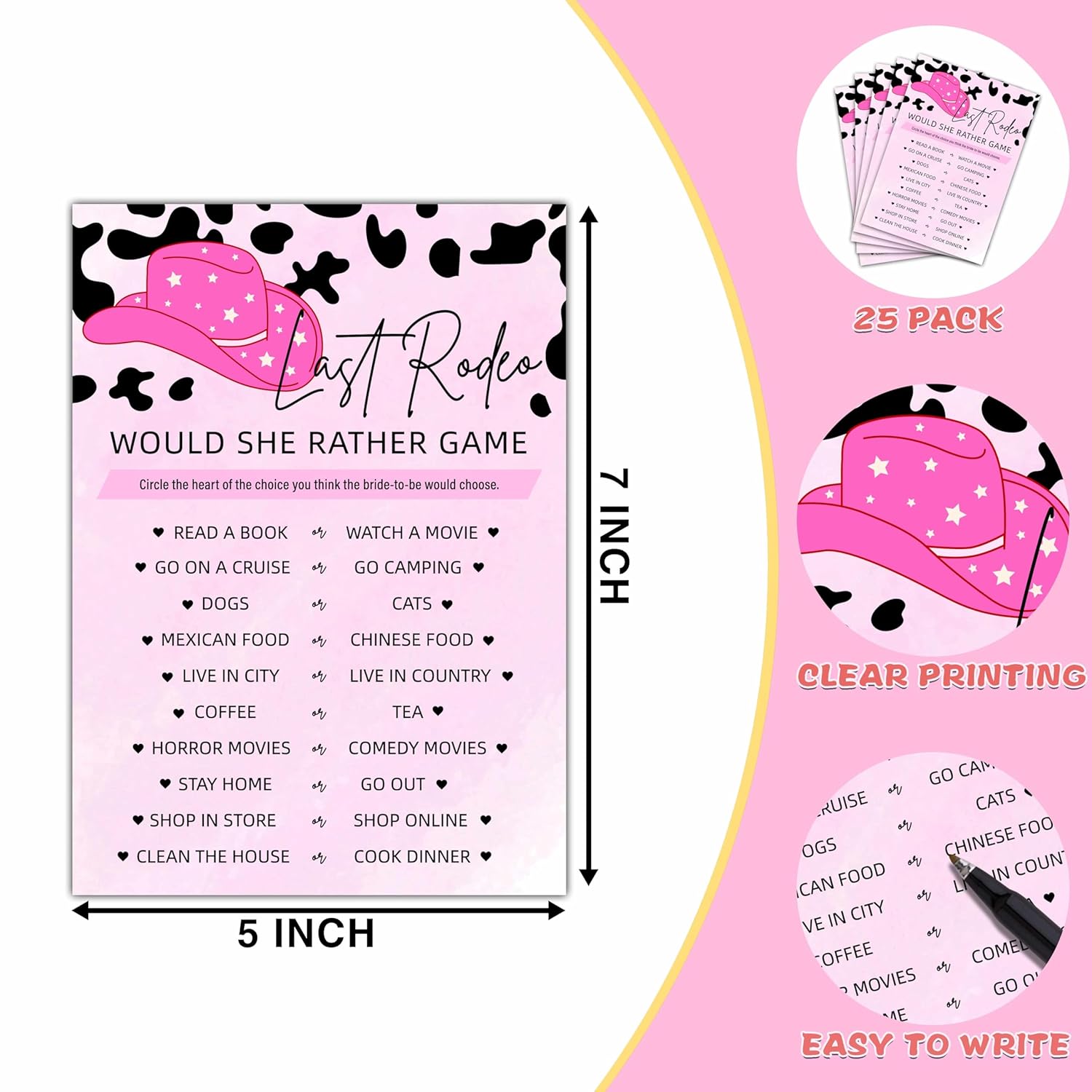 Last Rodeo Bachelorette Game - Nashville Cowgirl Bridal Shower 'Would She Rather' Party Game - 25 Cards (Ages 18+)