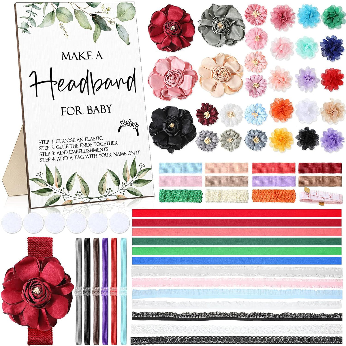Baby Shower Games Diy Headband Making Kit Include Wooden Game Sign 60 Elastic Cute Flowers Hairbands 10 Round Fabrics With Tape For Baby Shower Guest Games(Greenery)