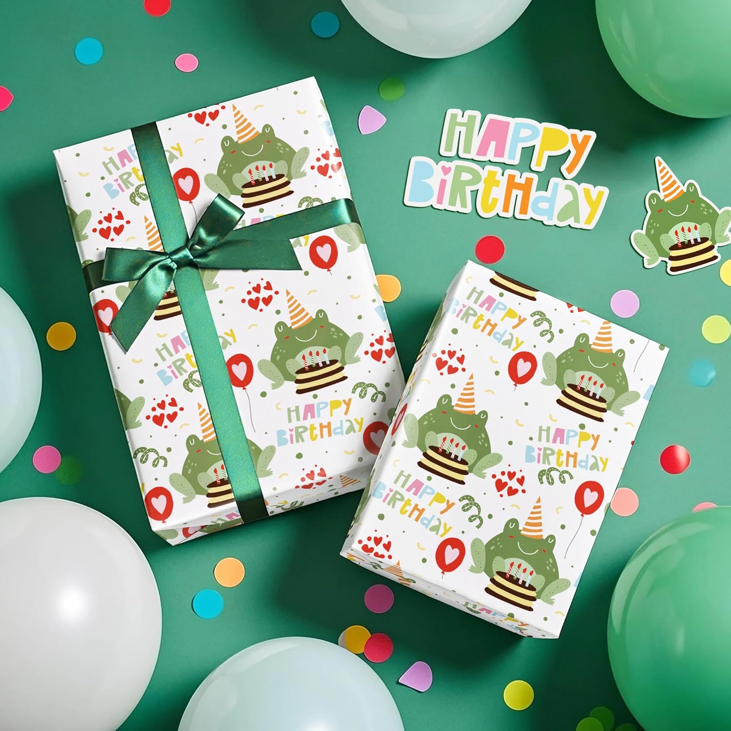 Frog Birthday Wrapping Paper Roll - Mini Roll - 17 Inch X 16.5 Feet - Happy Birthday And Cute Frog Wrapping Paper Perfect For Kids Boy Girl, Baby Shower
