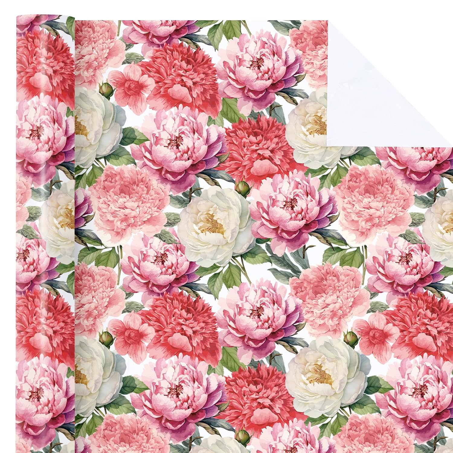 Floral Wrapping Paper Roll - Mini Roll - 17 Inch X 9.8 Feet - Red Pink Flower Wrapping Paper Perfect For Girls Women Birthday, Wedding, Bridal Shower