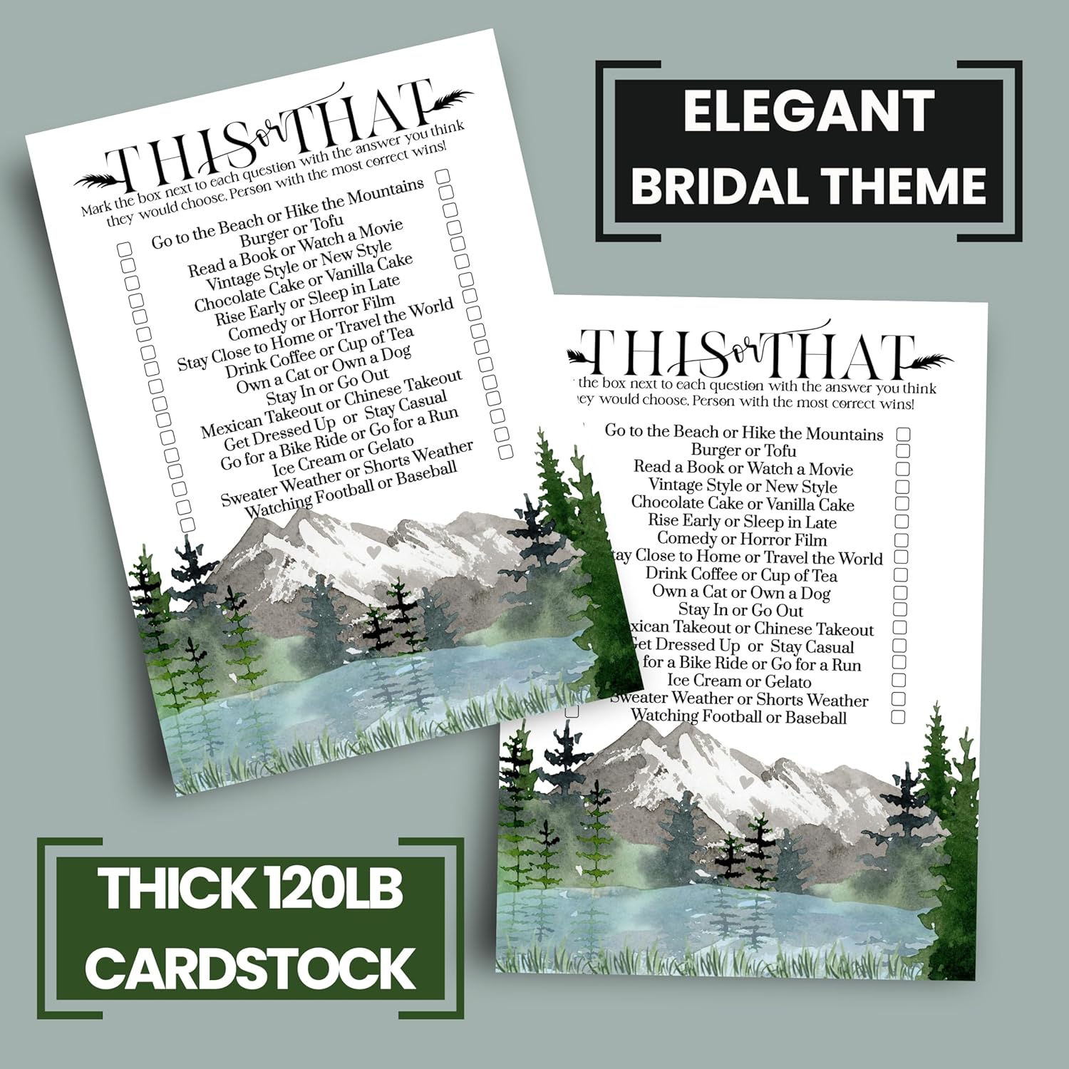 Adventure Bridal Shower Games Would She Rather - 25 Card Pack - Fun This Or That Game For Graduation Parties, Rehearsal Dinners & Birthdays - Mountain Design