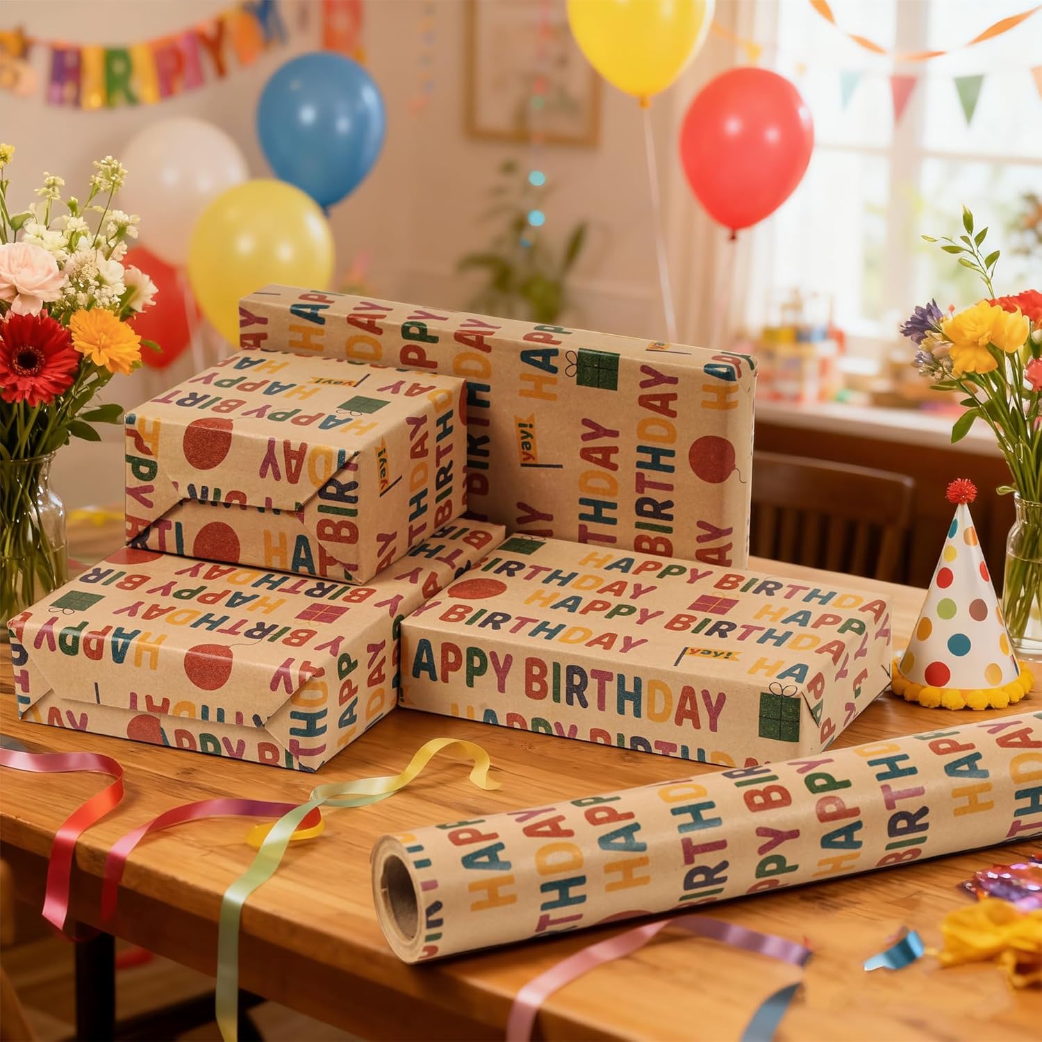 Birthday Wrapping Paper, Gift Wrapping Paper Roll, Kraft Wrapping Paper 17 Inch X 33 Feet, Colorful Happy Birthday Pattern For Boys Girls Kids, Great For Holiday, Party, Baby Shower