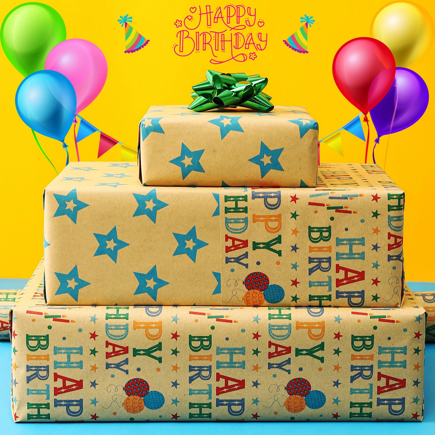 Kraft Birthday Wrapping Paper Roll For Boys Girls Kids Men Women - Reversible Happy Birthday Gift Wrap Paper For Holiday Party - 1 Roll, 17.2 Inch X 33 Feet