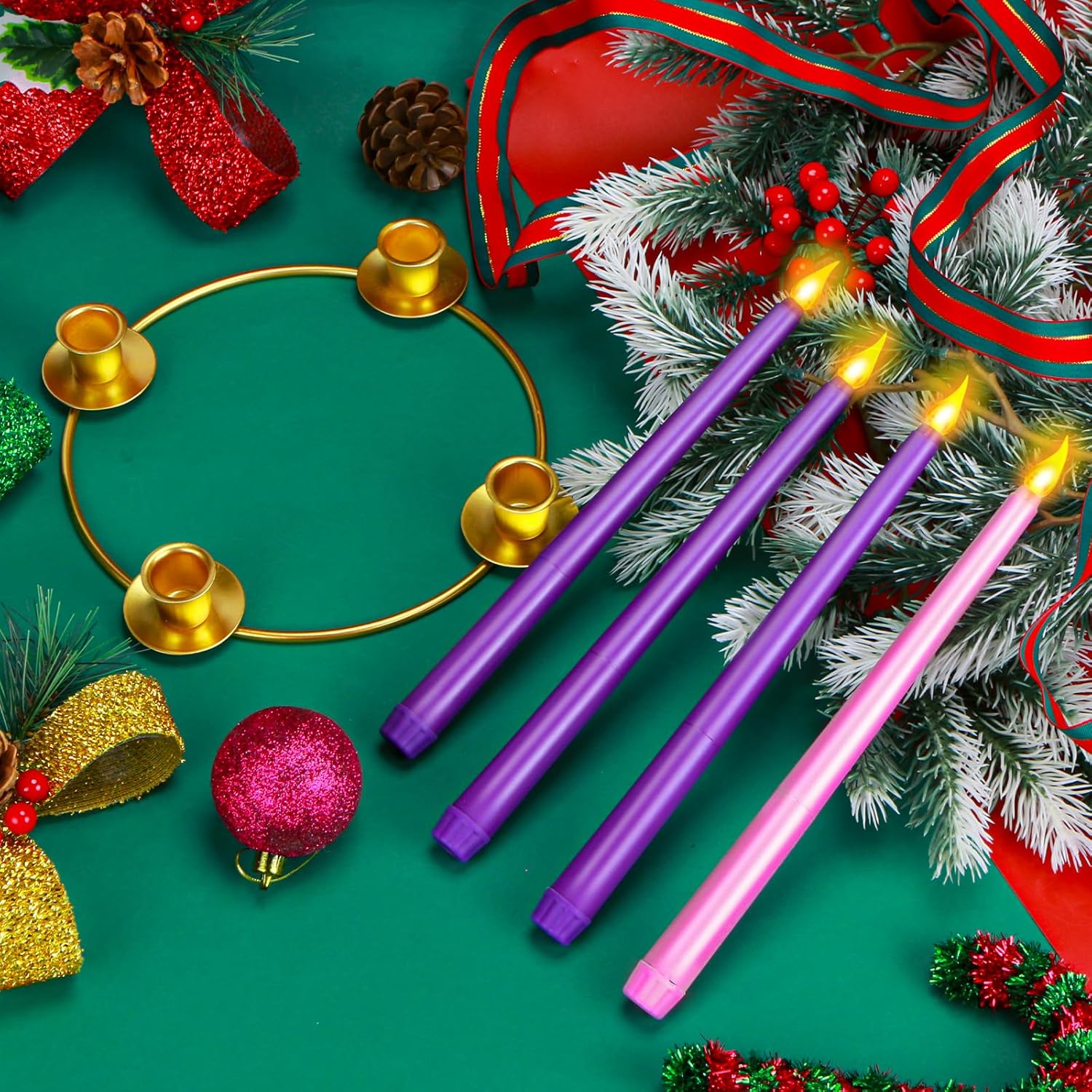 4-Piece Christmas Flameless Candle Set With Gold Metal Advent Remote Control Wreath Ring Candle Holder - Purple & Pink Taper Candles For Home Table Decorations
