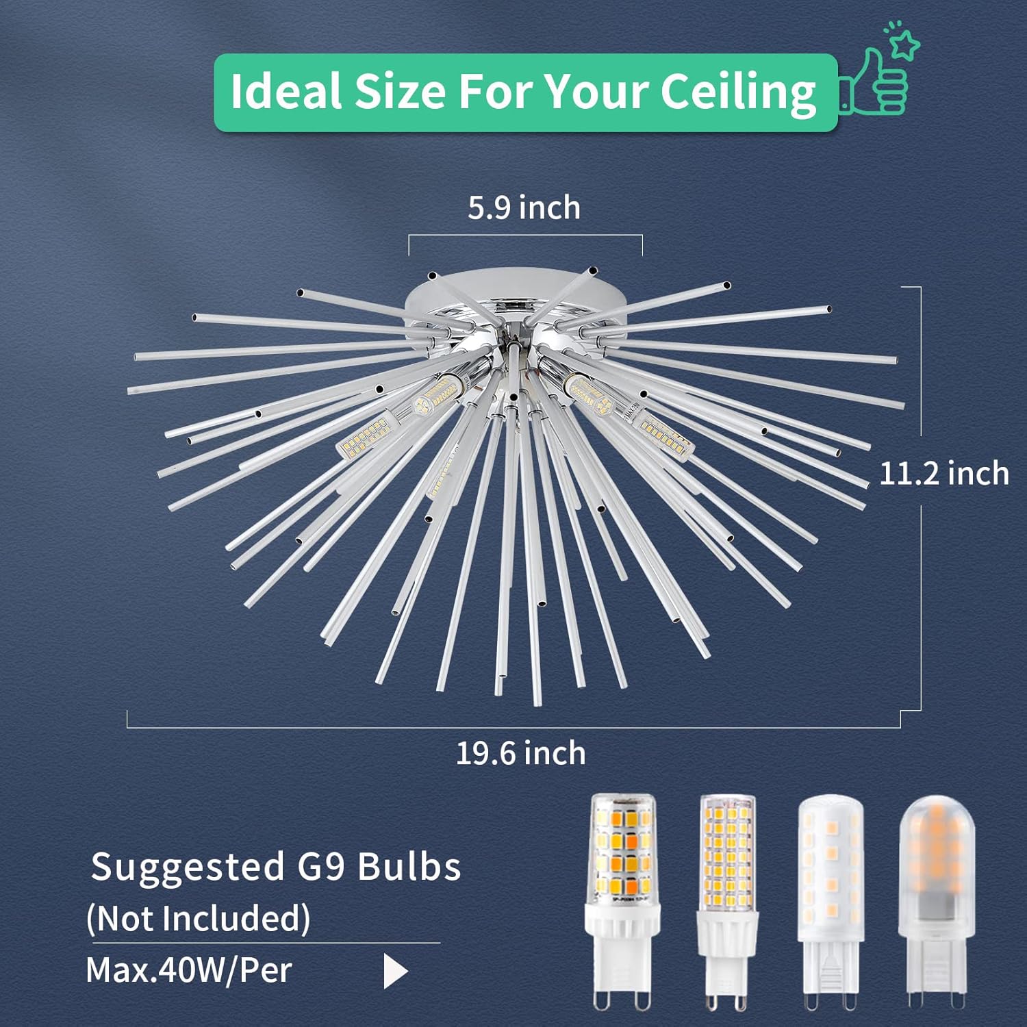 Sputnik Flush Mount Ceiling Light Fixture, 6-Light Chrome Firework Ceiling Lights, 19.6" Modern Chandeliers Close To Ceiling Lamp For Bedroom Kitchen Hallway Entryway, G9 Socket