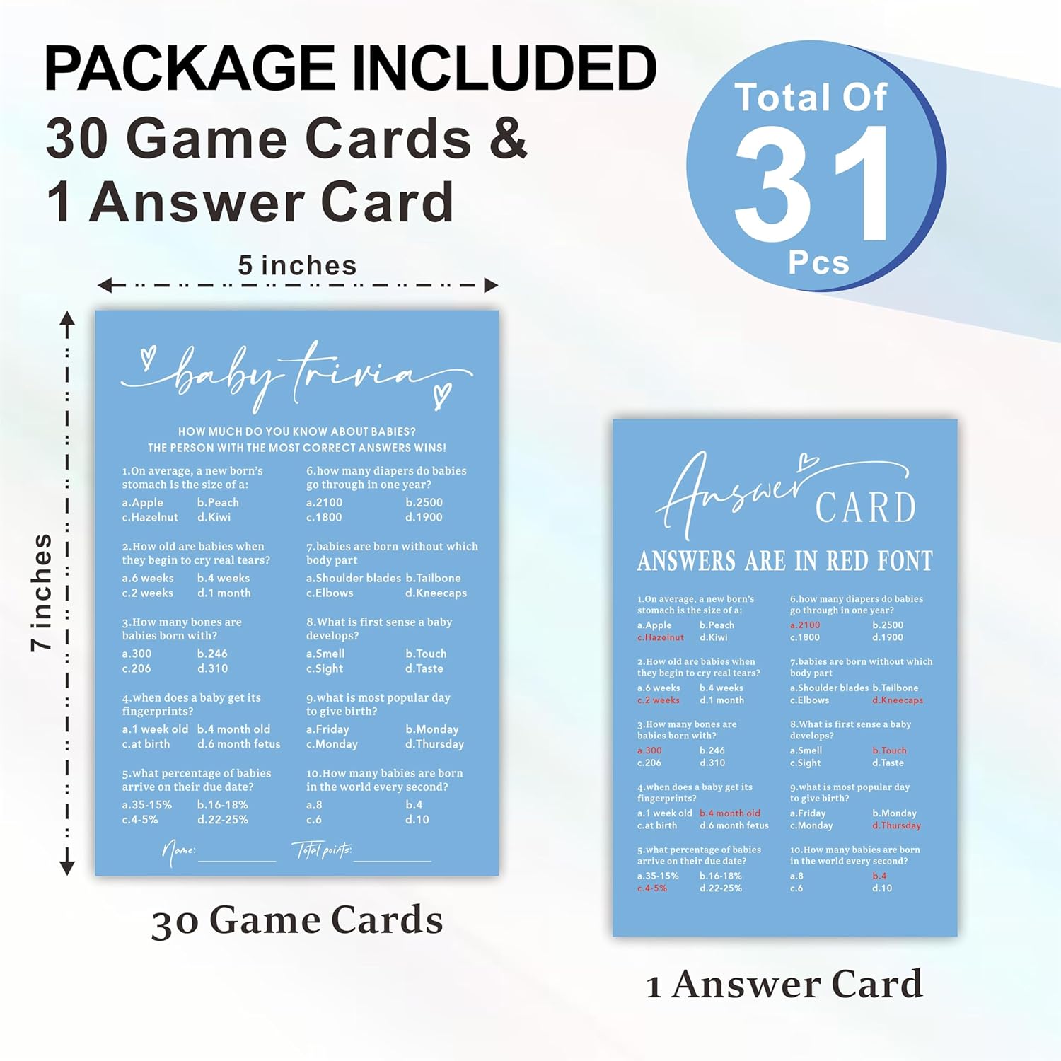 Baby Trivia - Baby Shower Game Cards - Minimalism Blue - 30 Double-Sided Fill In Style Game Cards With Answer Card, Gender Reveal, Baby Announcement, Party Games & Activity - C13
