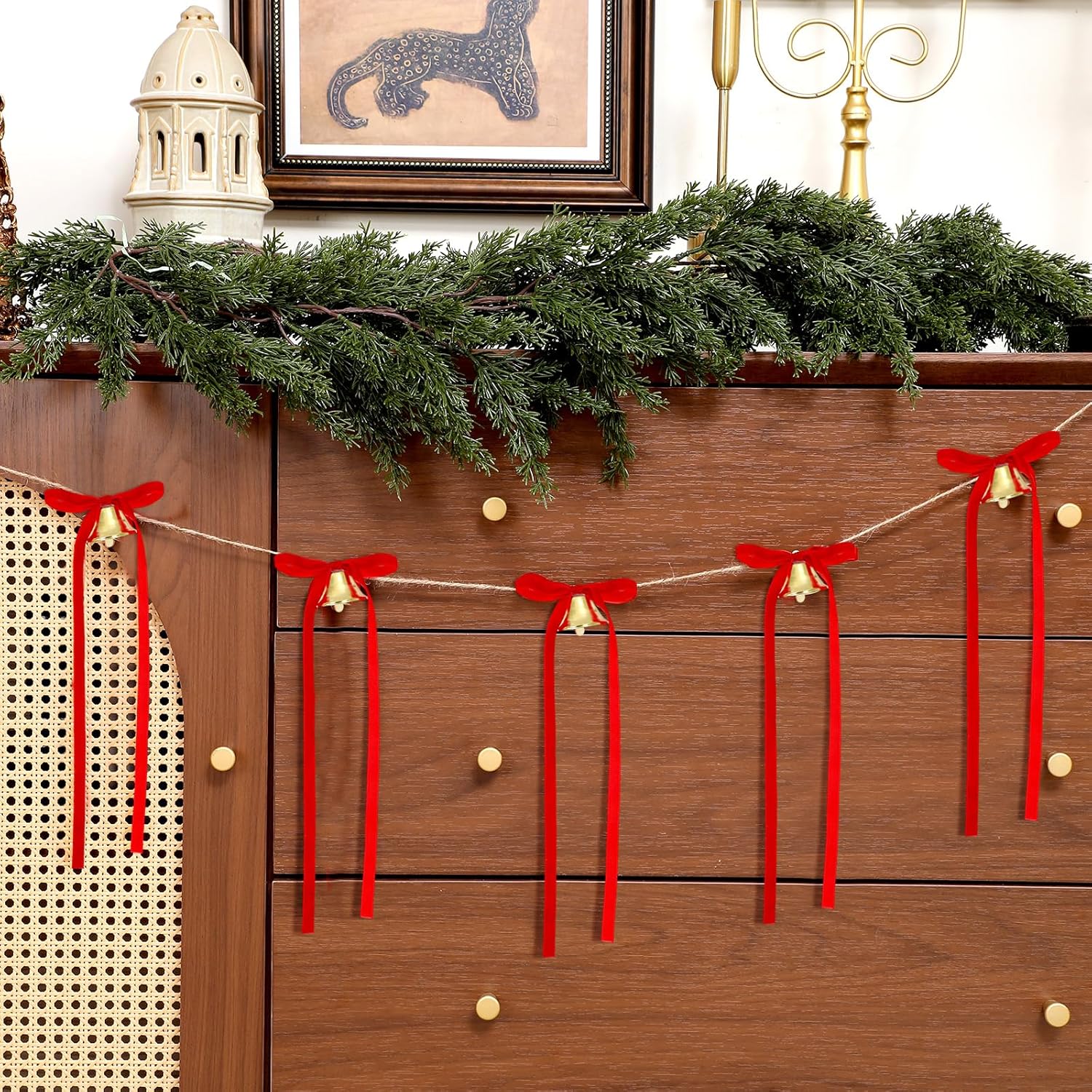 10 Feet Christmas Velvet Bow Garland With Jingle Bell Red Ribbon Bow Jingle Bell Banner Velvet Christmas Ornaments For Xmas Tree Fireplace Staircase Indoor Outdoor Decoration