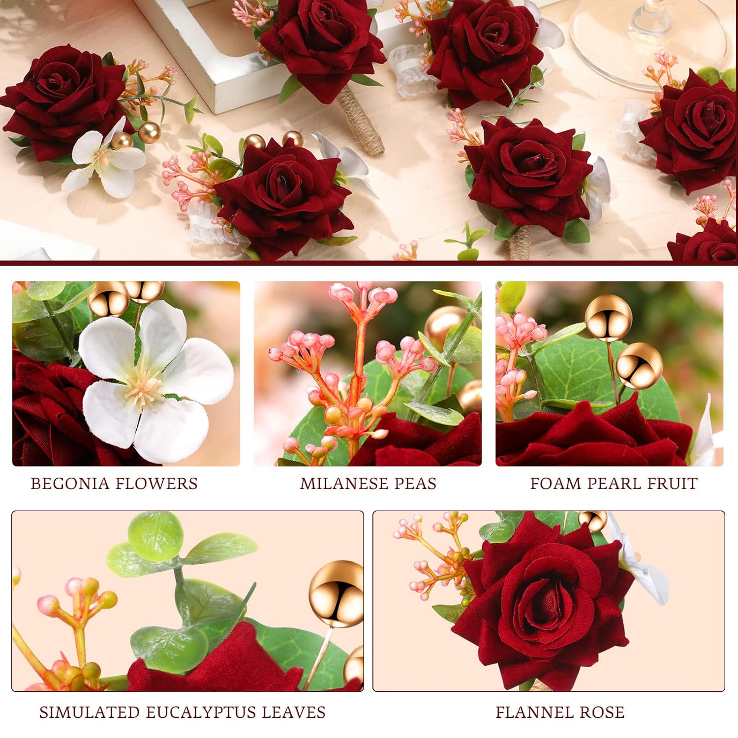 12 Pcs Boutonniere For Men Wedding Flower Boutonniere Rose Corsage Set With Pin For Groom Groomsmen Prom Western Wedding Anniversary Dinner Fall Party Decor(Burgundy)