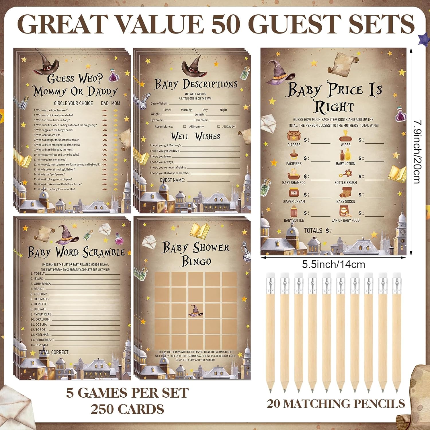 321 Pcs Baby Shower Games Supplies, 5 Sets (50 Cards Each) Activities Cards With 20 Pencils 1 Don'T Say Baby Sign 50 Clothespin (Magical Wizard)