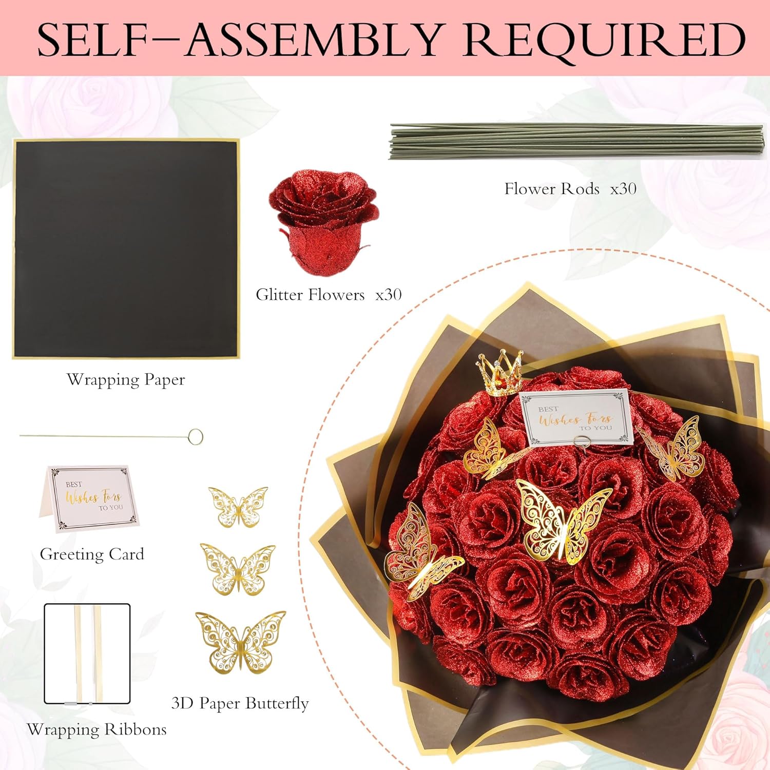 Red Glitter Roses Bouquet, 30 Pcs Diy Fake Flowers Bouquet, Everlasting Shiny Artificial Rose Bouquet For Valentine'S Day, Anniversary, Engagement, Wedding