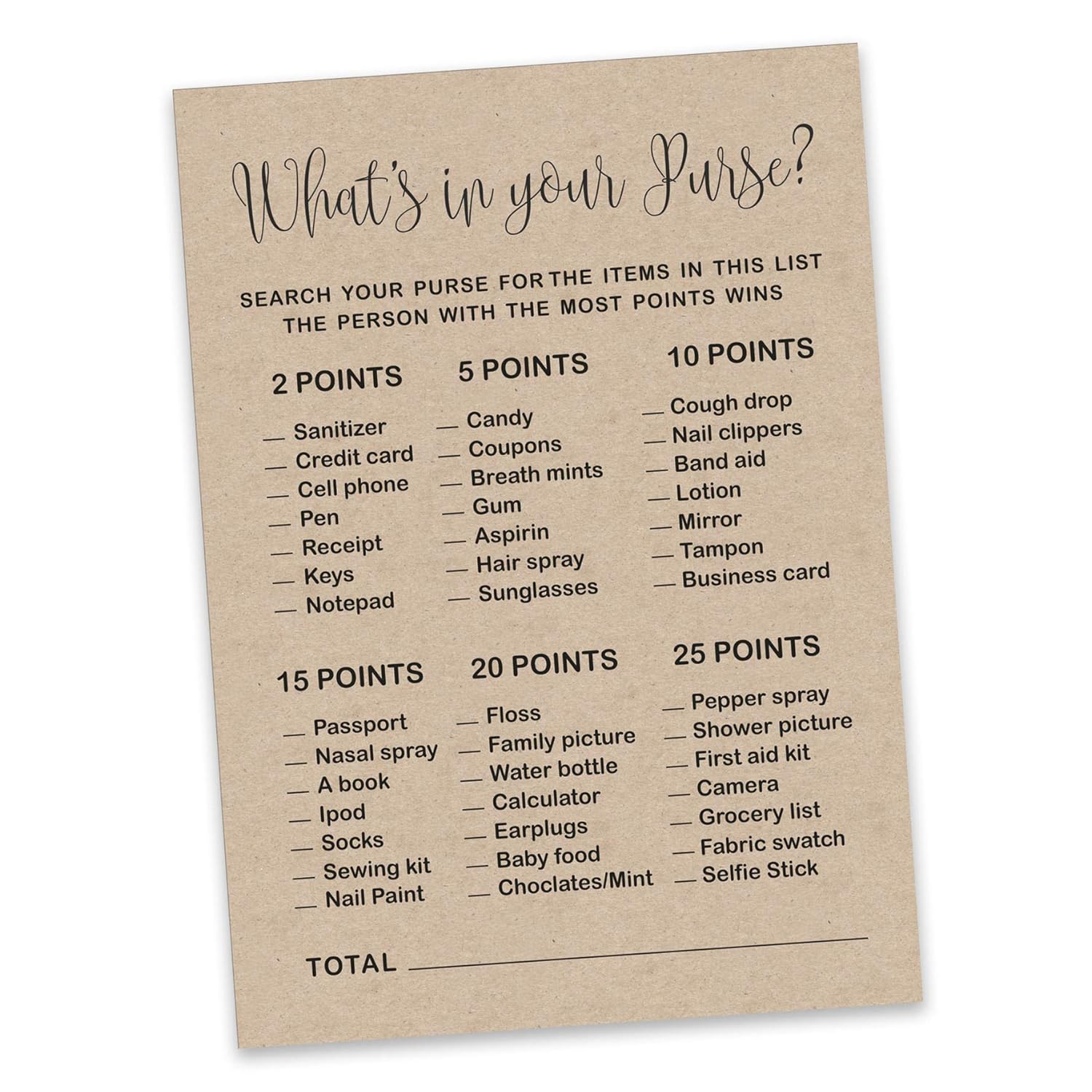 50-Pack Kraft Rustic Whats In Your Purse Bridal Shower Game Wedding Shower Bachelorette Party Bulk Activity Game Cards