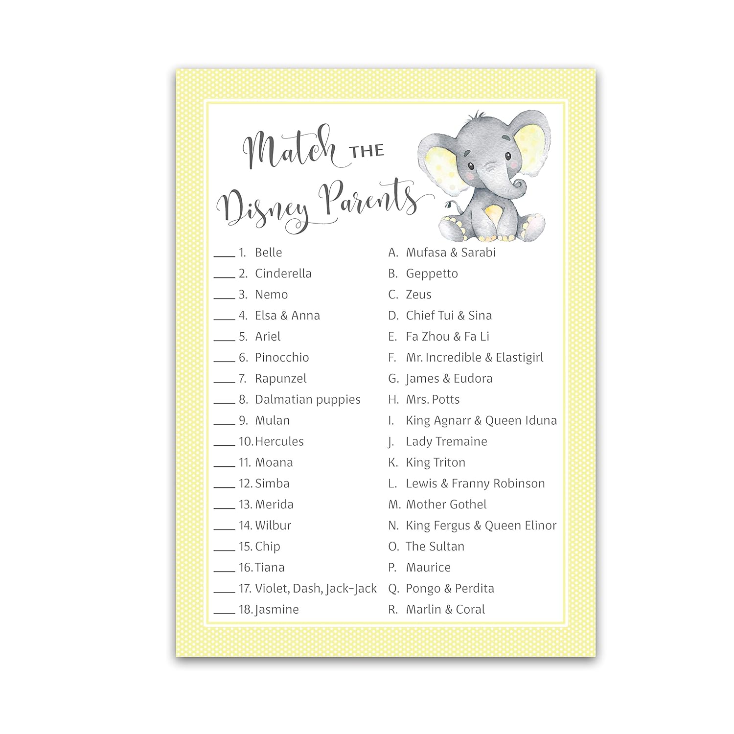 Gender Neutral Baby Shower Game — Cartoon Parent Match Game — Pack Of 25 — Yellow Elephant Baby Shower Game, Match Famous Cartoon Parents Fun Shower Activity, Star Kids Match Game Sku G521-Dpm