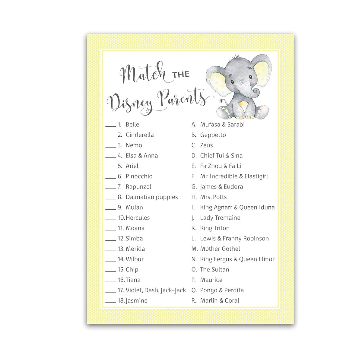 Gender Neutral Baby Shower Game — Cartoon Parent Match Game — Pack Of 25 — Yellow Elephant Baby Shower Game, Match Famous Cartoon Parents Fun Shower Activity, Star Kids Match Game Sku G521-Dpm