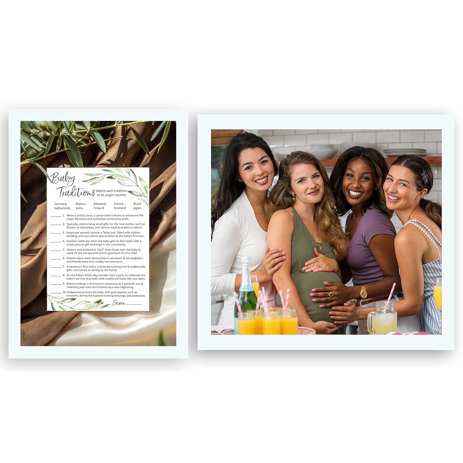 Greenery Baby Shower Games — Baby Traditions Around The World Game — Pack Of 25 — Fun Facts, Floral Green Olive Branch Trivia, Rustic Gender Neutral Minimalist Couples Shower Activity Reveal G320-Btw1