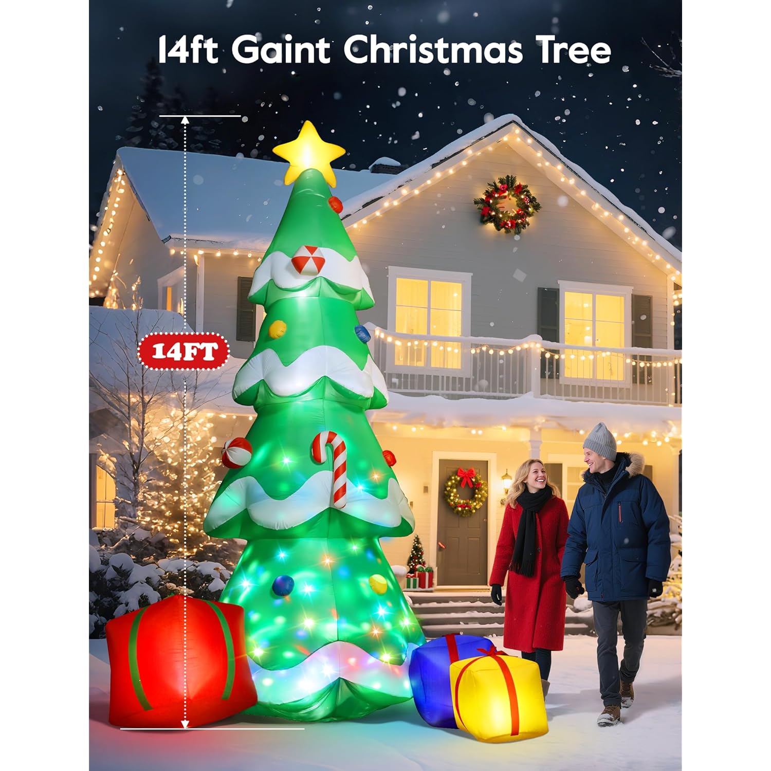 14Ft Christmas Tree Inflatable Outdoor Decoration, Giant Christmas Inflatables Tree With 3 Gift Boxes, Lighted Christmas