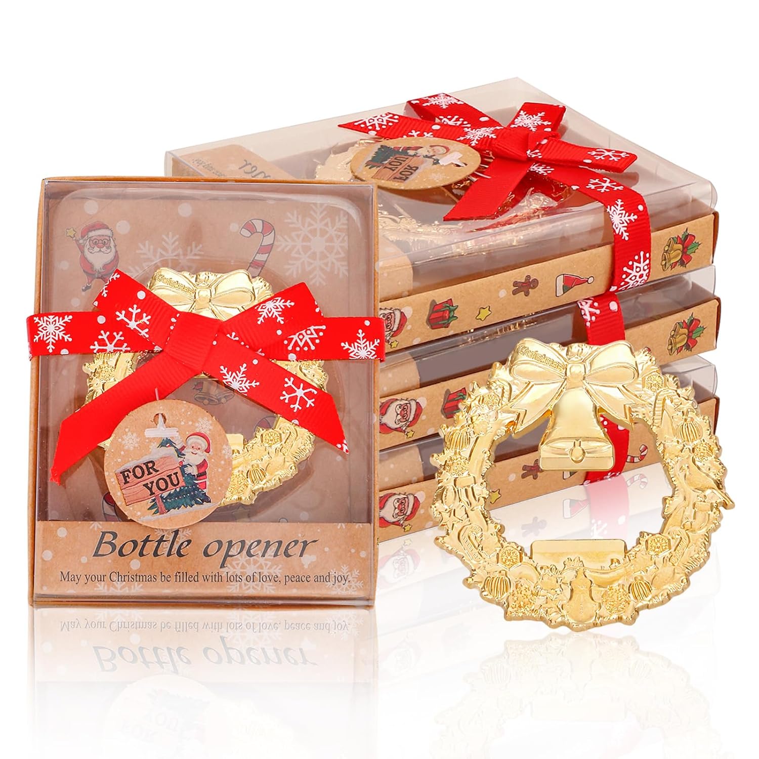 24Pcs Christmas Bottle Openers For Guest Christmas Wreath Bottle Openers Holiday Party Favors Gifts For Baby Shower Wedding Party Souvenirs(Gold Wreath)