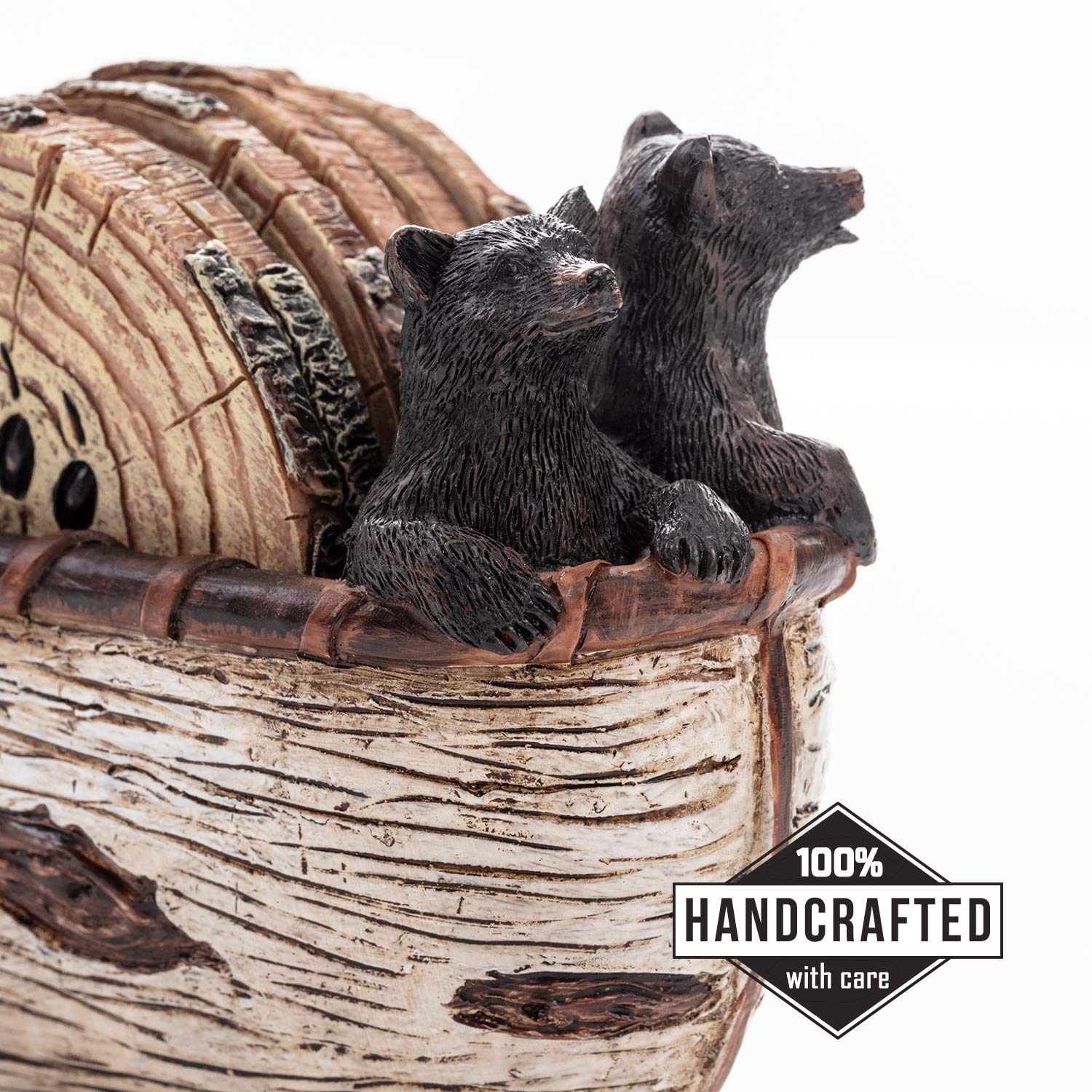 Bear Coasters Set Of 6 Full Size Rustic Coasters In Handmade Canoe With Adorable Black Bear Figurines | Black Bear Log Cabin Decorations, Rustic Lodge Decor For The Home