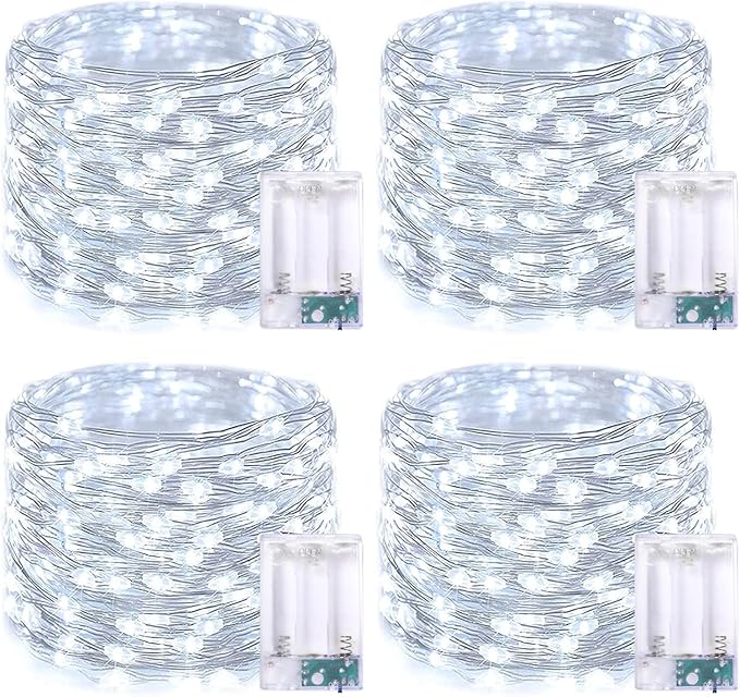 4 Pack Battery Operated Fairy Lights 16.1FT 50 LED White Silver Wire Twinkle String Lights for Bedroom Party Wedding Birthday Indoor Decoration