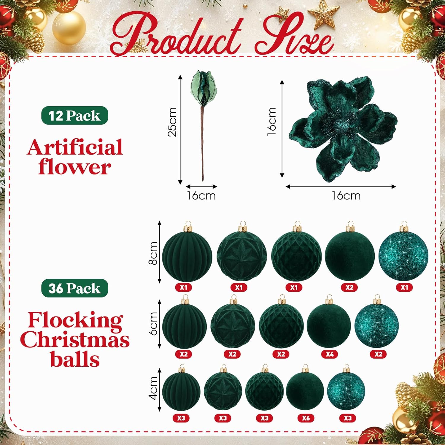 48 Pcs Christmas Tree Decoration Set 12 Glitter Poinsettia Magnolia Artificial Flower Picks 36 Velvet Christmas Ball Ornaments Hanging Decor Shatterproof For Xmas New Year Wedding Party Holiday(Green)