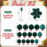 48 Pcs Christmas Tree Decoration Set 12 Glitter Poinsettia Magnolia Artificial Flower Picks 36 Velvet Christmas Ball Ornaments Hanging Decor Shatterproof For Xmas New Year Wedding Party Holiday(Green)