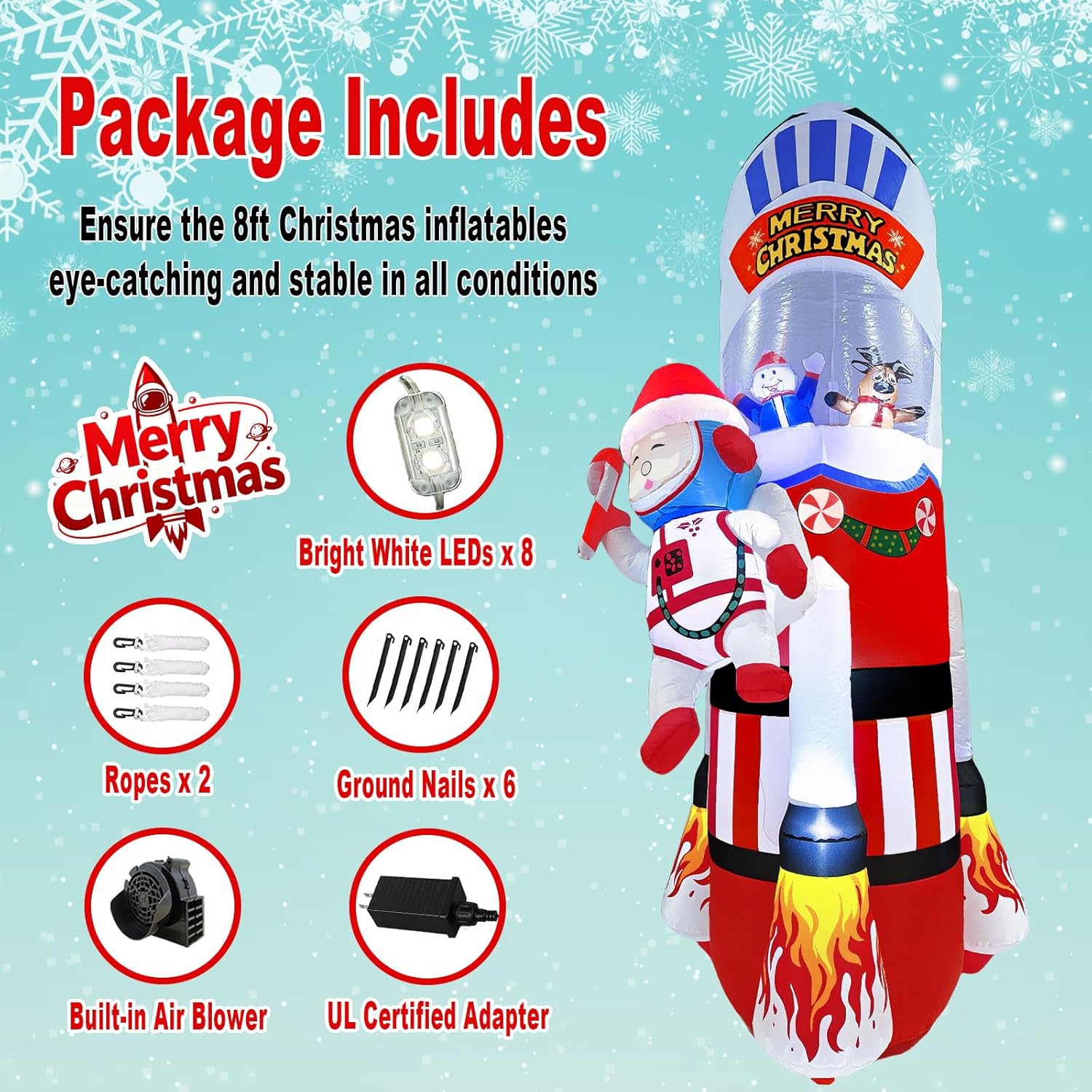 8Ft Christmas Inflatables Christmas Decorations Outdoor, Blow Up Santa Claus Snowman Reindeer Rocket Yard Decoration Bui