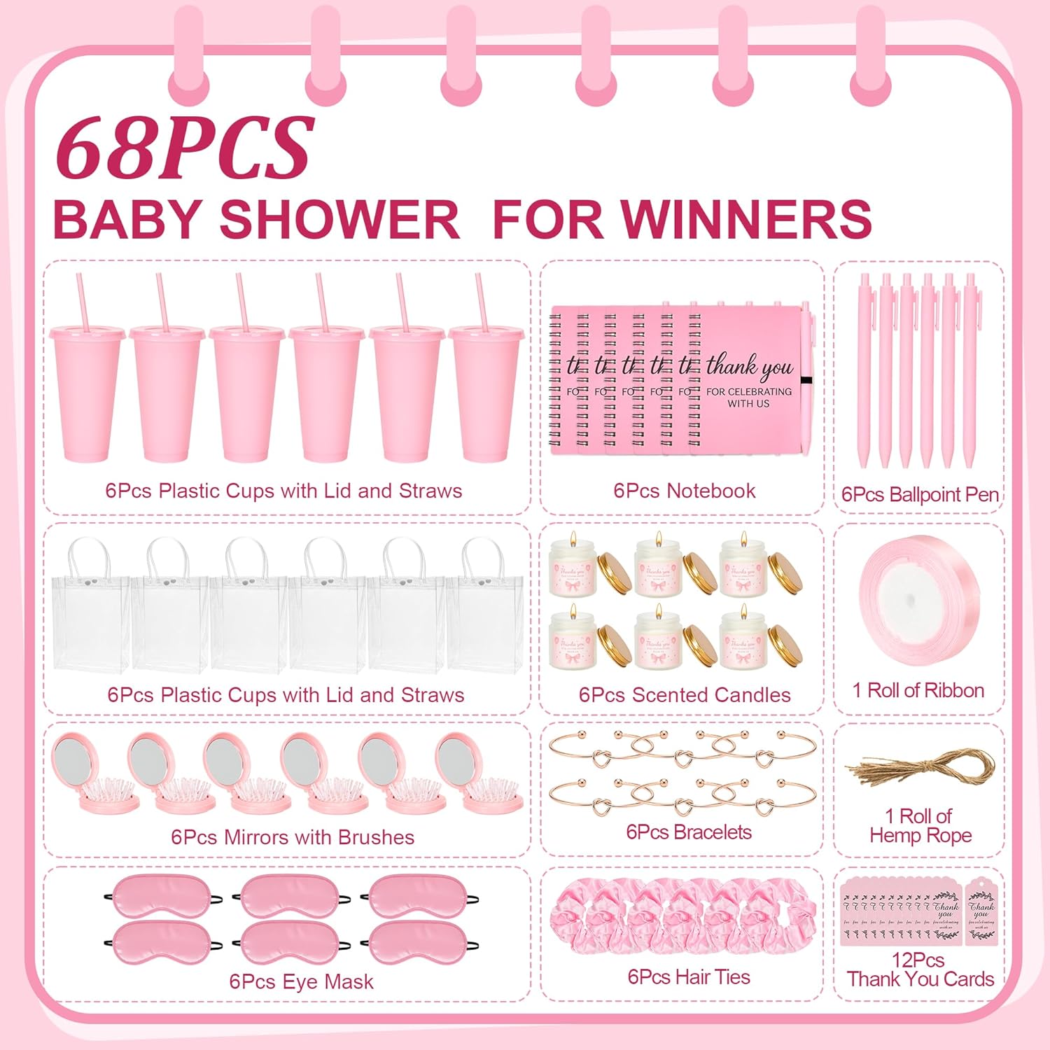 68Pcs Baby-Shower Prizes, 6 Sets Baby-Shower Favors Gifts For Game Winners Including Plastic Tumbler Notebook Scented Candles Pen Mirrors With Hair Brushes Bracelet Gift Bag For Wedding Bridal Favors