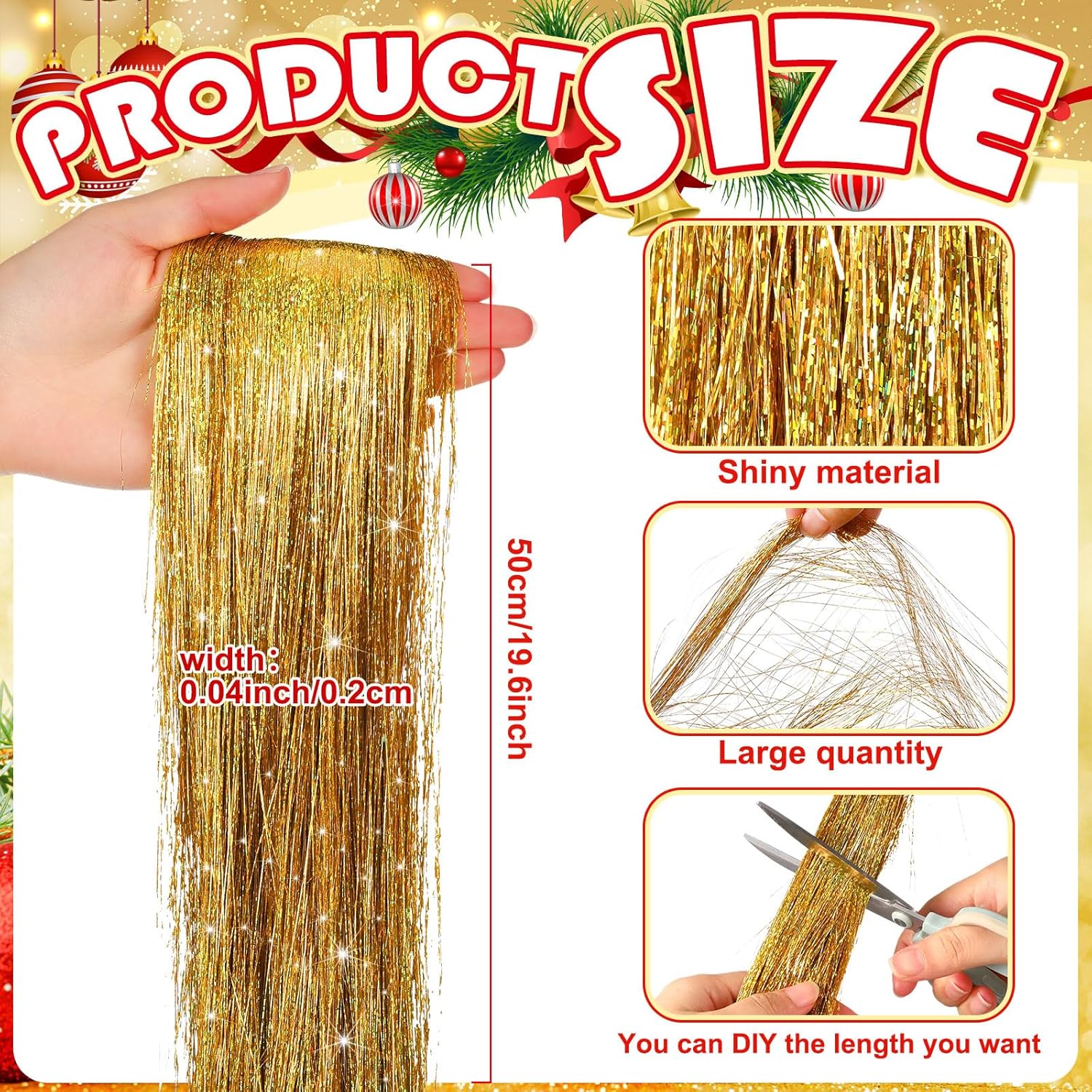 12000 Christmas Icicle Tinsel Gold Red Silver Tinsel For Christmas Tree 19.6" Foil Fringes Shiny Strand Icicle For Holiday Decor Birthday Supplies
