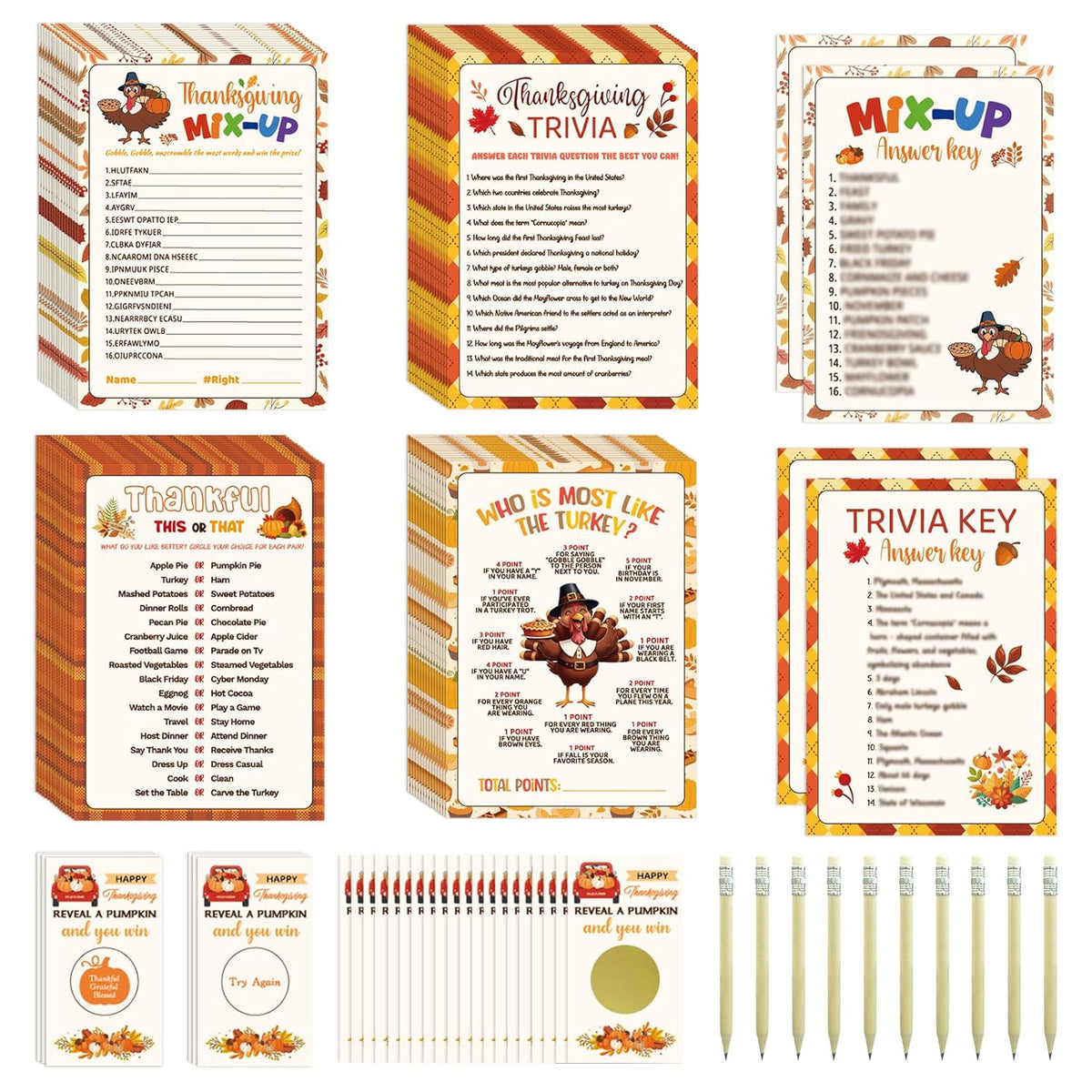 139 Pcs Thanksgiving Party Games Set Friendsgiving Game Decorations Turkey Trivia Scramble Activities Paper Cards For Adults Family Word Search Card Harvest Festival Fall Holiday Supplies Favors