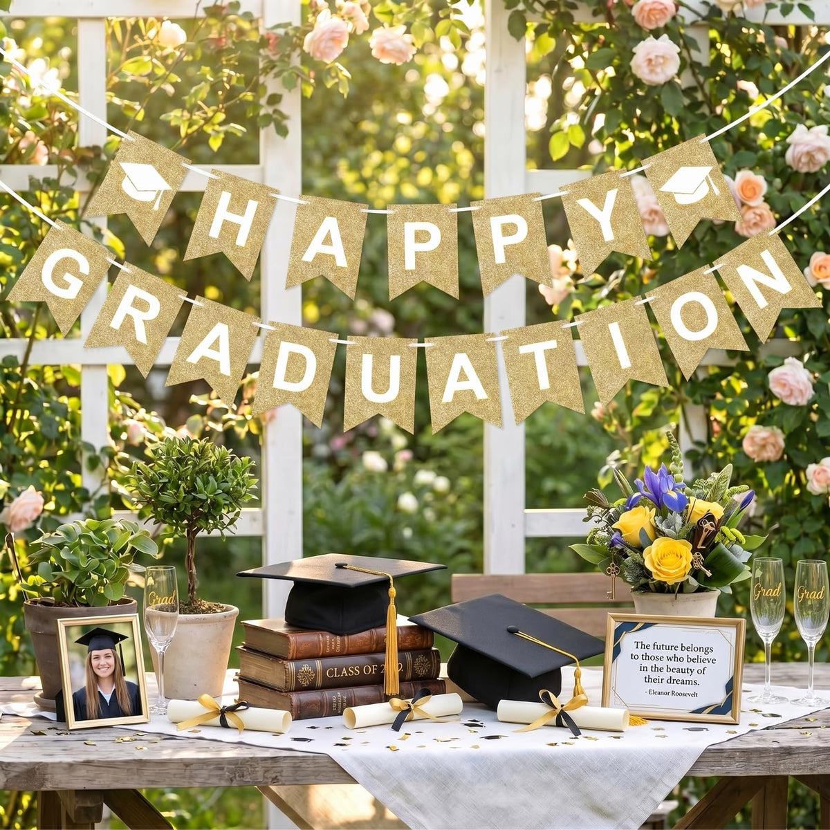 Happy Graduation Banner Gold Glitter Graduation Sign Banner Garland Party Decorations Wall Hanging Decor for Home Grad Party College Senior High School Prom