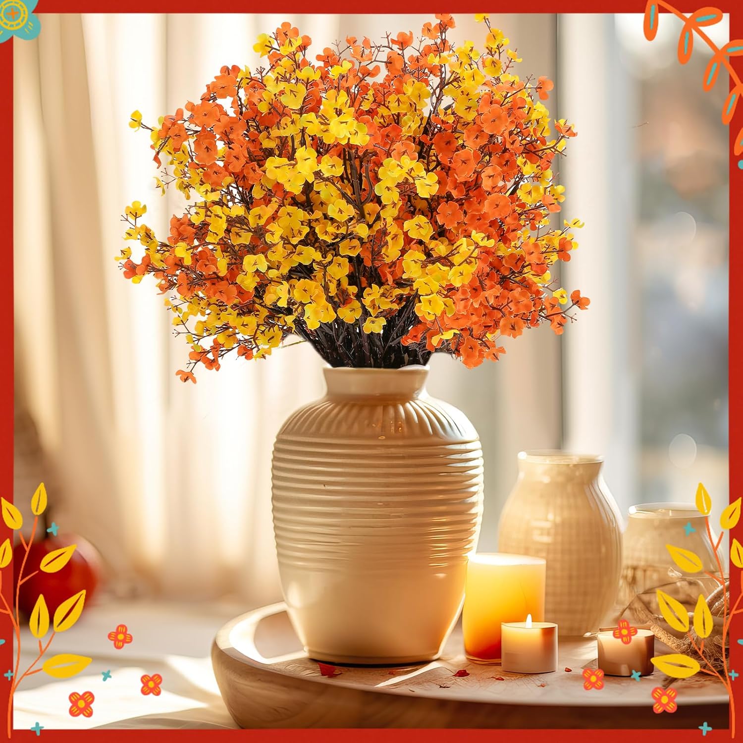 21 Pcs Fall Decor Baby’S Breath Artificial Flowers Bulk Orange And Yellow Real Touch Silk Flowers For Wedding Centerpiece, Thanksgiving, Halloween, Home Decoration