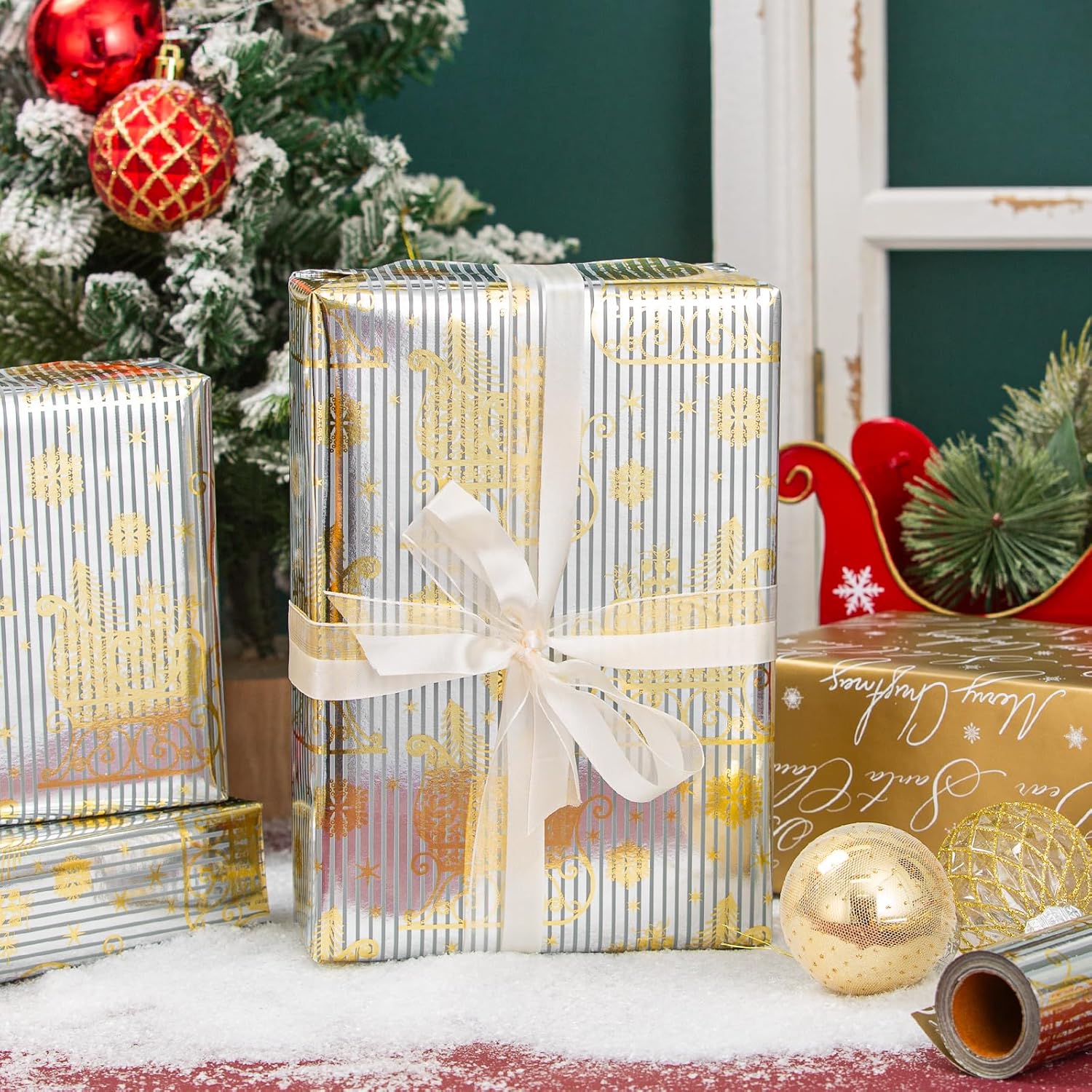 Christmas Wrapping Paper, Reversible Silver Gold Leaf Sled Design Gift Wrapping Paper Suitable For Christmas, Mini Roll (17 Inch X 32.8 Feet)