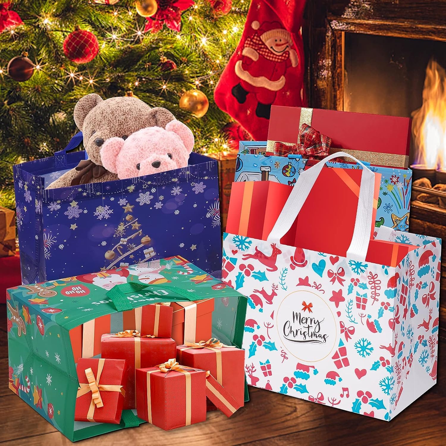 12 Pack Christmas Gift Bags Large Reusable Tote Bags, Non-Wove Bags For New Year'S Shopping, Christmas Surprise, Xmas Party Supplies,12.8"×9.8"×6.7"