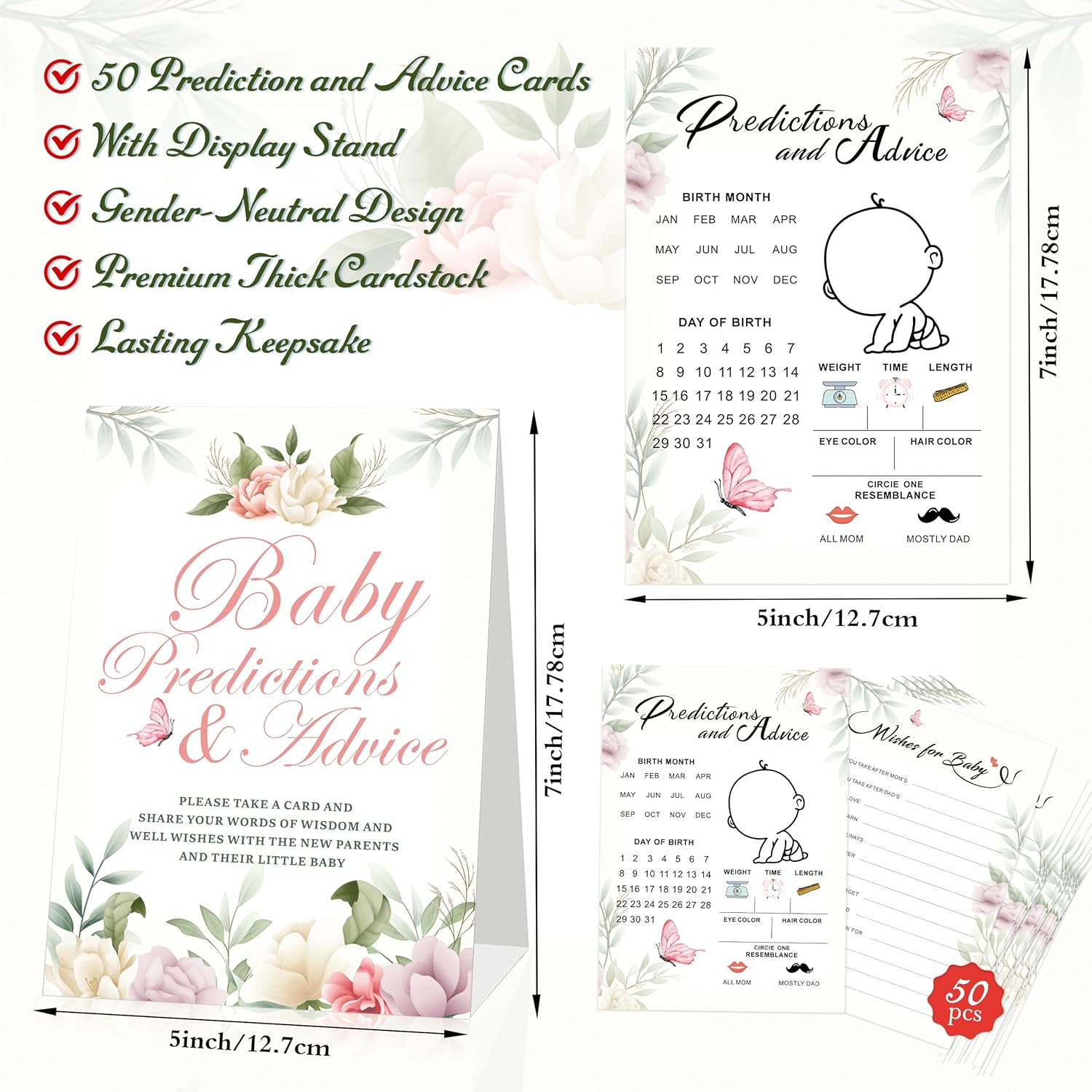 Baby Predictions & Advice Cards For Baby Shower Games, 50 Pcs Party Baby Prediction Cards, Display Stand, Boys Girls Gender Reveal Games For Guests, Advice And Wishes For New Parents To Be, Style-002