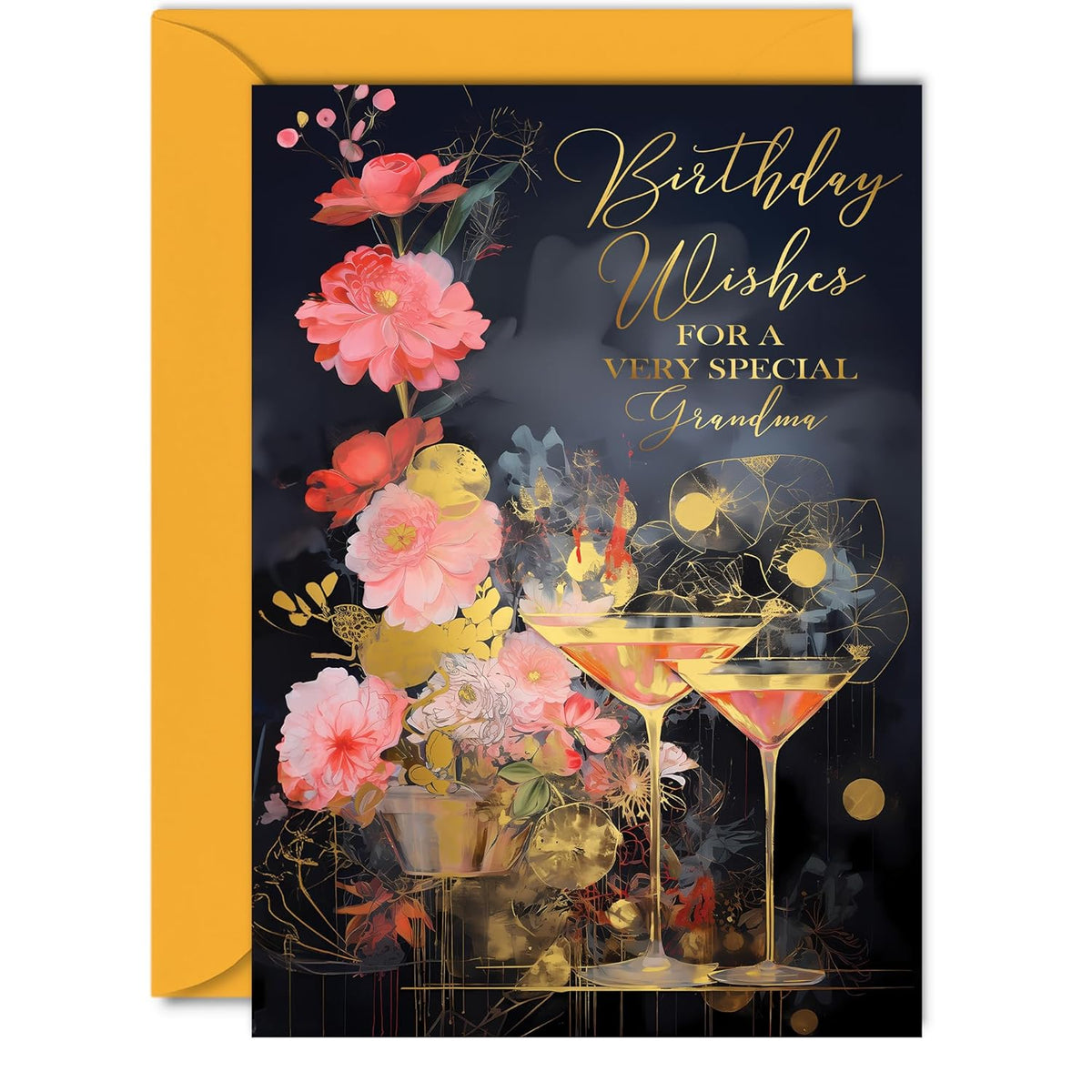 Beautiful Gold Birthday Cards For Grandma - Wonderful Golden Cocktails - Elegant Traditional Pretty Birthday Card For Grandma From Granddaughter Grandson, A5 Gran Gorgeous Greeting Cards Gift