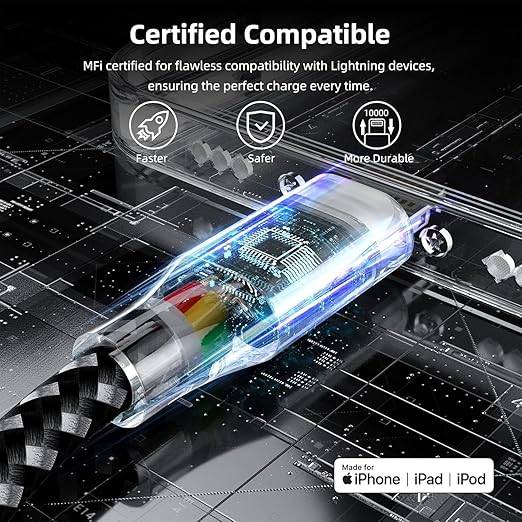 3 Pack Apple MFi Certified Lightning Charging Cable 10FT Nylon Braided Fast Charger for iPhone 14 13 12 11 iPad