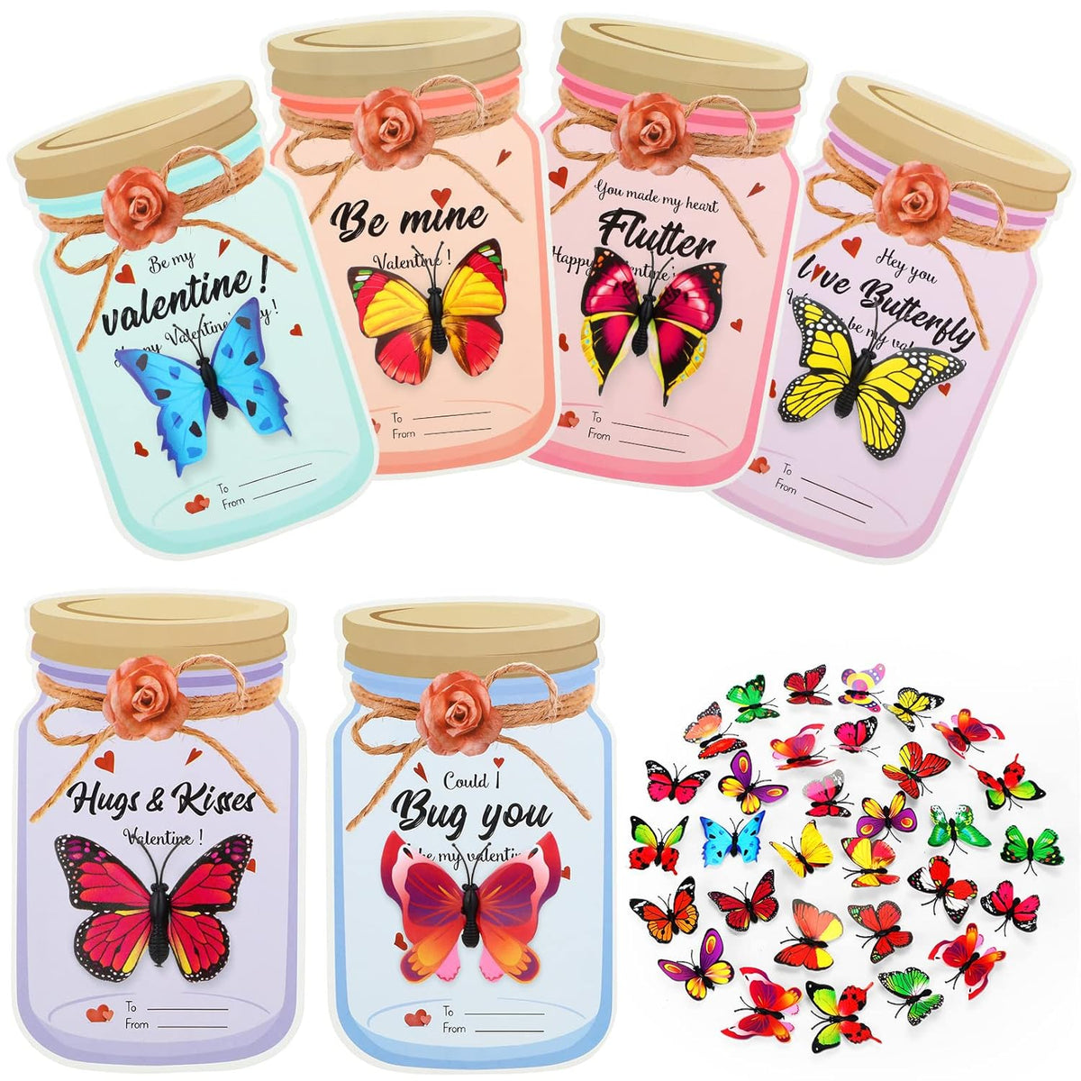 36 Pieces Valentines Day Cards Jars Valentines Exchange Cards Funny Greeting Gift With Insect Bugs Figures For Party Supplies(Butterfly)