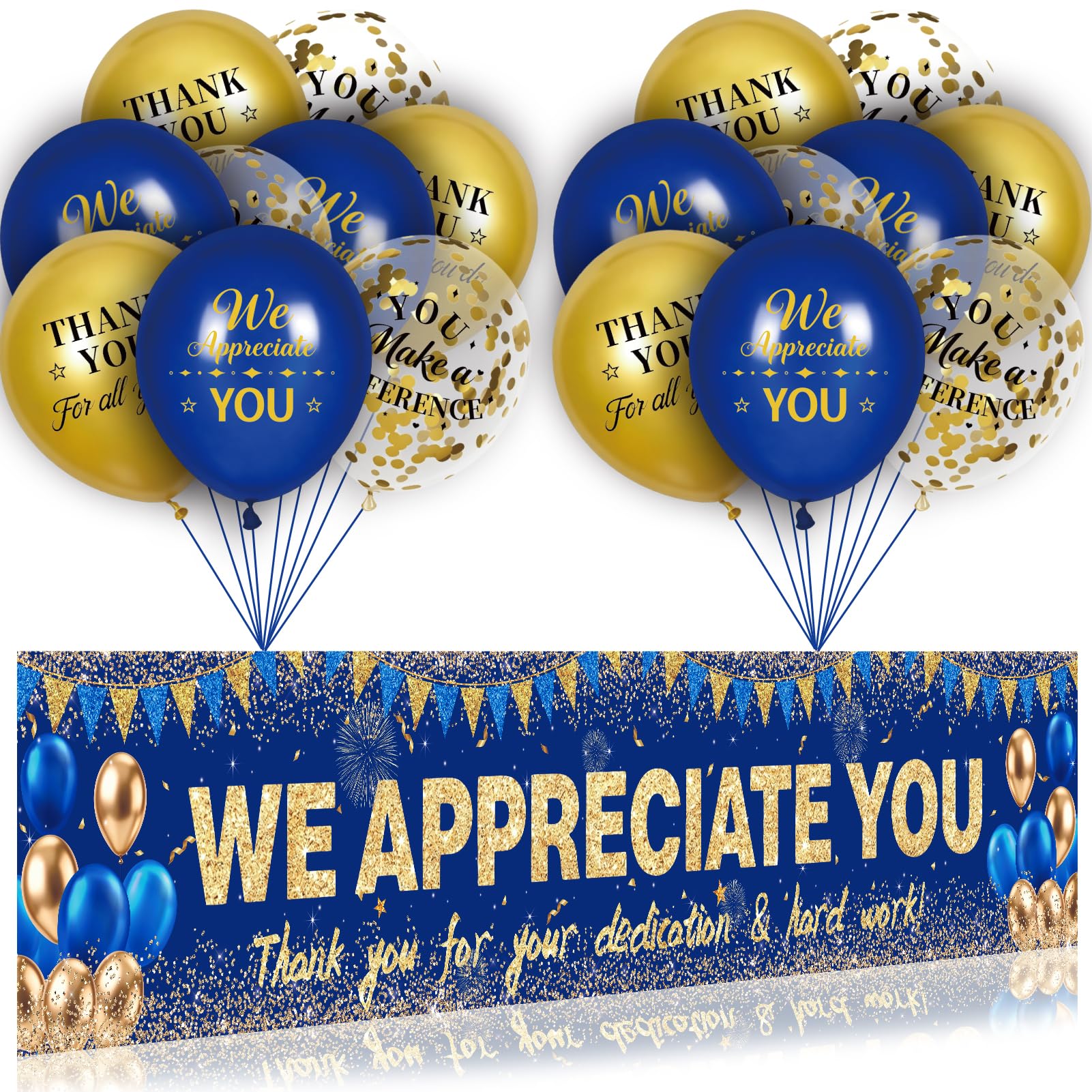 Navy Blue Gold We Appreciate You Banner Decorations with 18 pcs Balloons