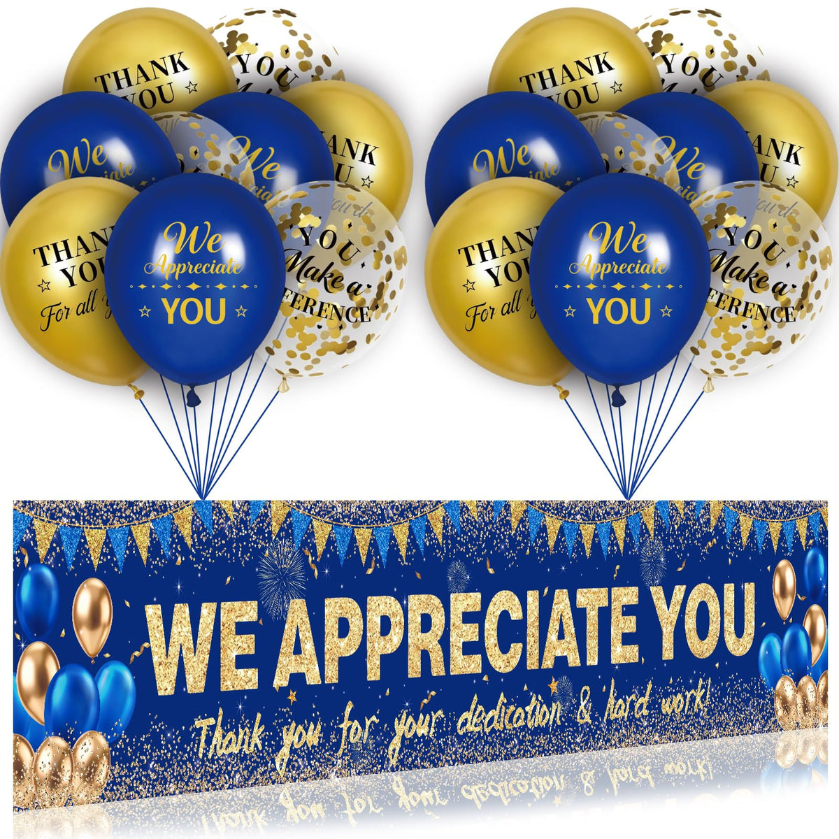 Navy Blue Gold We Appreciate You Banner Decorations with 18 pcs Balloons