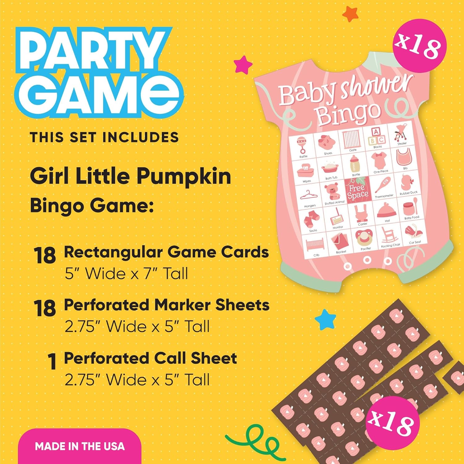 Big Dot of Happiness Pink Little Pumpkin - Picture Bingo Cards and Markers - Fall Baby Shower Shaped Bingo Game - Set of 18