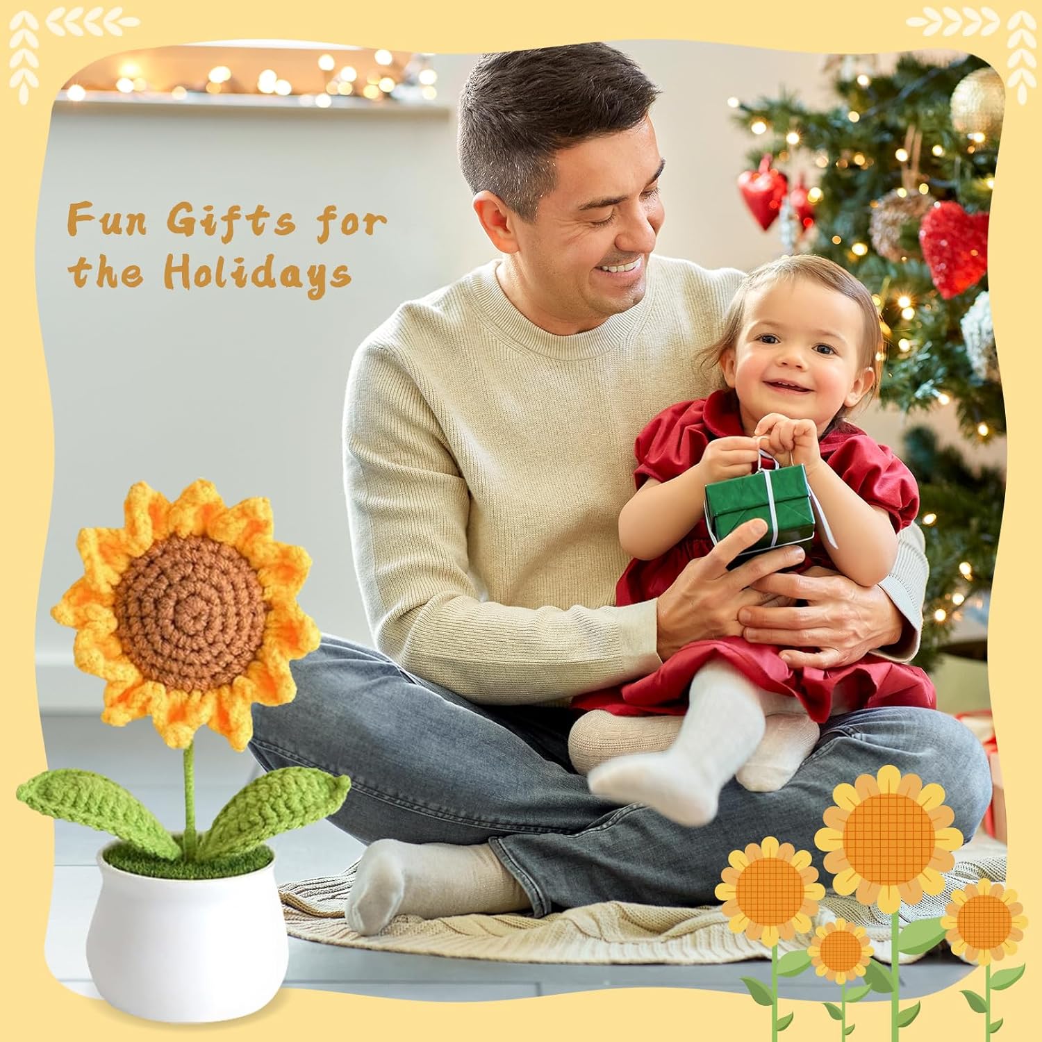 Crochet Flowers Artifical Sunflower For Office Desk Car Dashboard Decor Motivational Gifts For Women Handmade Knitted Flowers Birthday Christmas Party Home Decoration (Sunflower)