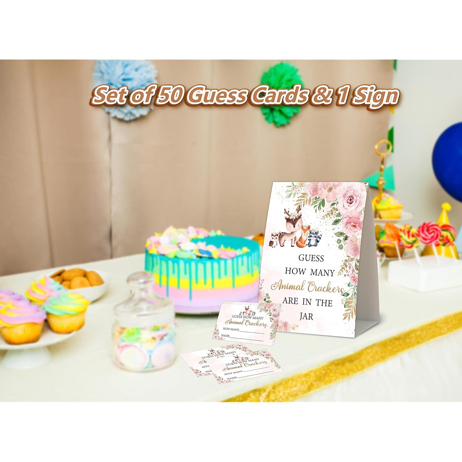 Floral Woodland Baby Shower Games,How Many Animal Crackers,Baby Shower Decorations,Baby Shower Decorations Gender Neutral,Baby Crackers Decor,Baby Shower Centerpieces,50 Cards & 1 Sign -4
