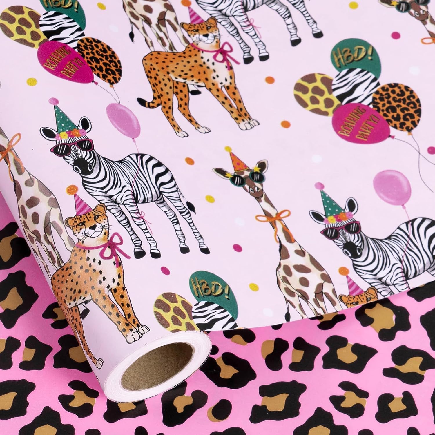 Reversible Birthday Wrapping Paper Roll, Mini Roll, Safari Animals Party Design & Pink Leopard Print Gift Wrap For Girls Birthday Party, Baby Shower, 17 Inches X 16.4 Feet